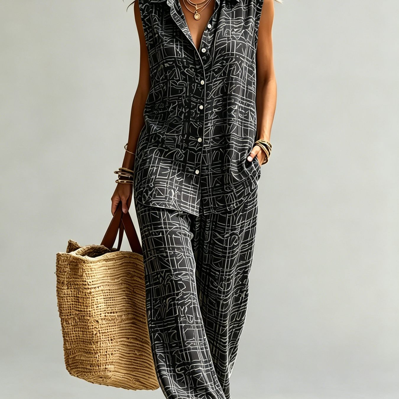 Two-piece Set, New Ladies' Fashion Casual Suit, Sleeveless Collar T-shirt With Casual Long Pants, Comfortable Casual Suit, Geometric , And Stylish, Suitable For Summer Street Daily Wear And Outdoor