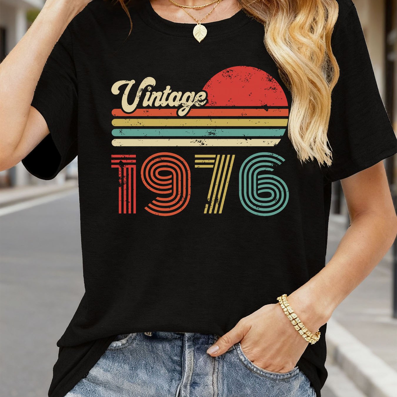 TEMU Vintage 1976 50th Birthday Print T-shirt, Short Sleeve Crew Neck Casual Top For Summer & Spring, Women's Clothing