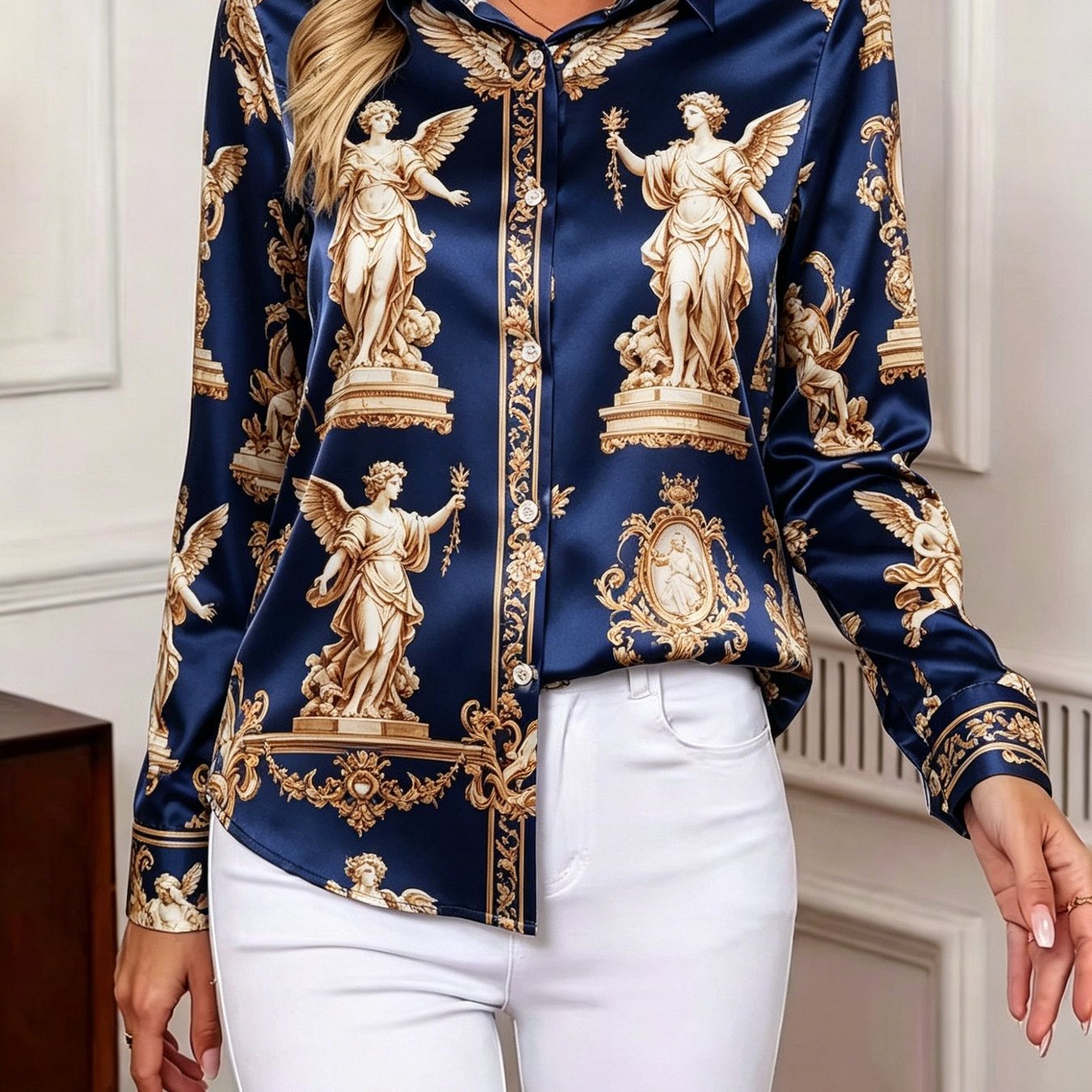 Women's Elegant And Fashionable Satin Shirt, Long Sleeve With Turn- Collar And Front, (not ), Suitable For Casual, Commuting, Workplace, And Attending Evening Parties
