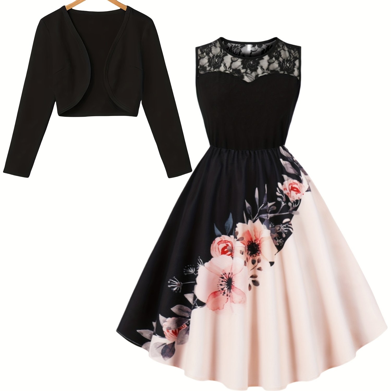 Image of Fashion Spring Autumn Round Neck Vest Lace Round Neck Dress And Small Blazer