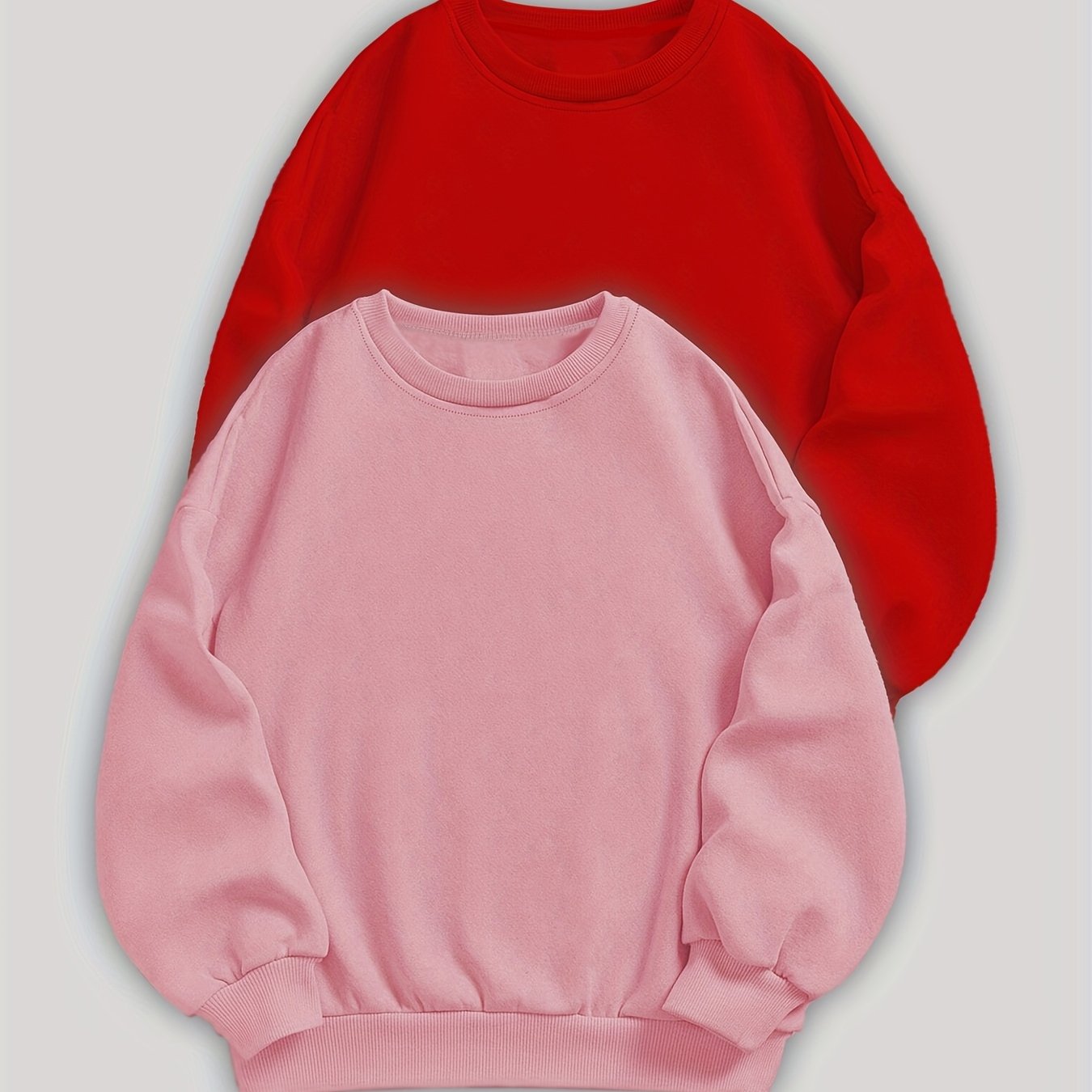 TEMU 2pcs Solid Color Casual Long-sleeve Crewneck Sweatshirt, 100% Polyester Fabric, With Stretch