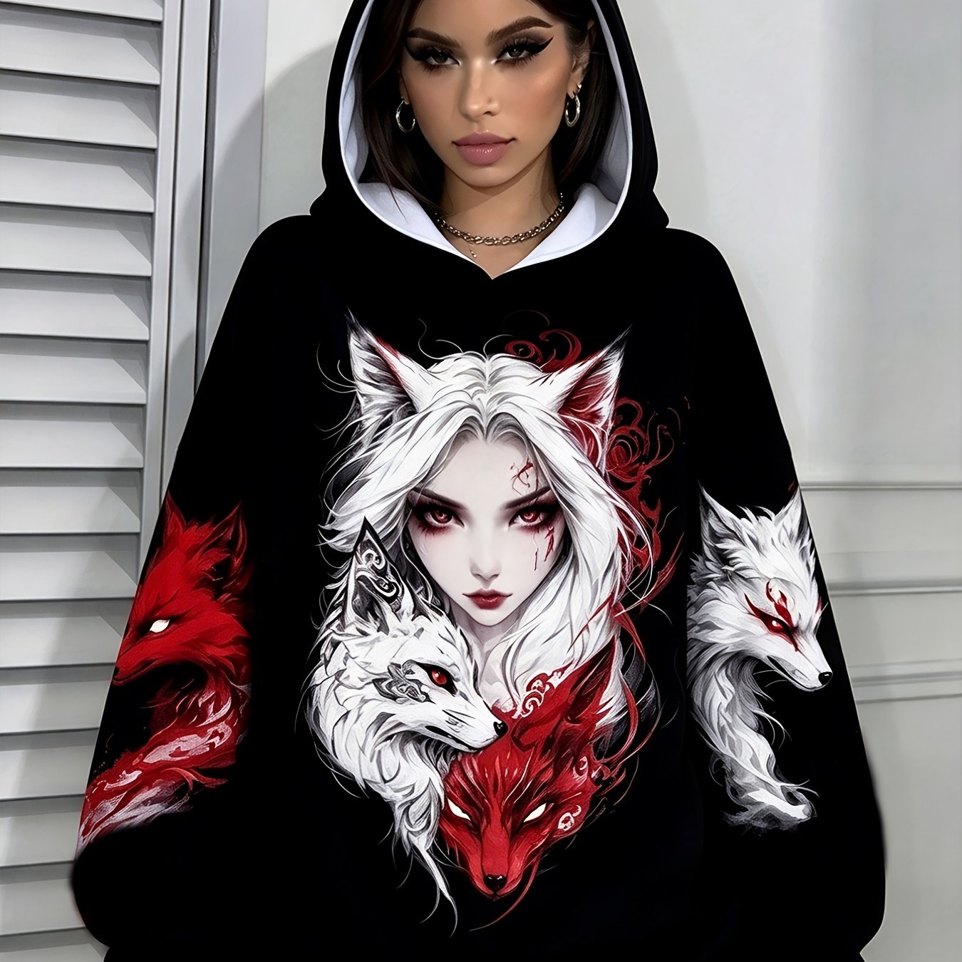 TEMU New Women's Flat Print Pullover Hoodie, Gothic Hooded Sweatshirt - White Back Print, Red/ Pattern Pullover, Casual Wear For Spring/autumn,