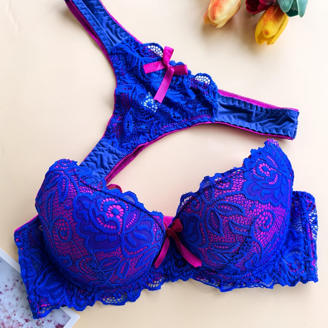 Image of High-quality Lace Romantic Sexy Women's Bra Set With Push-up Deep V And Comfortable Thong Lingerie Set