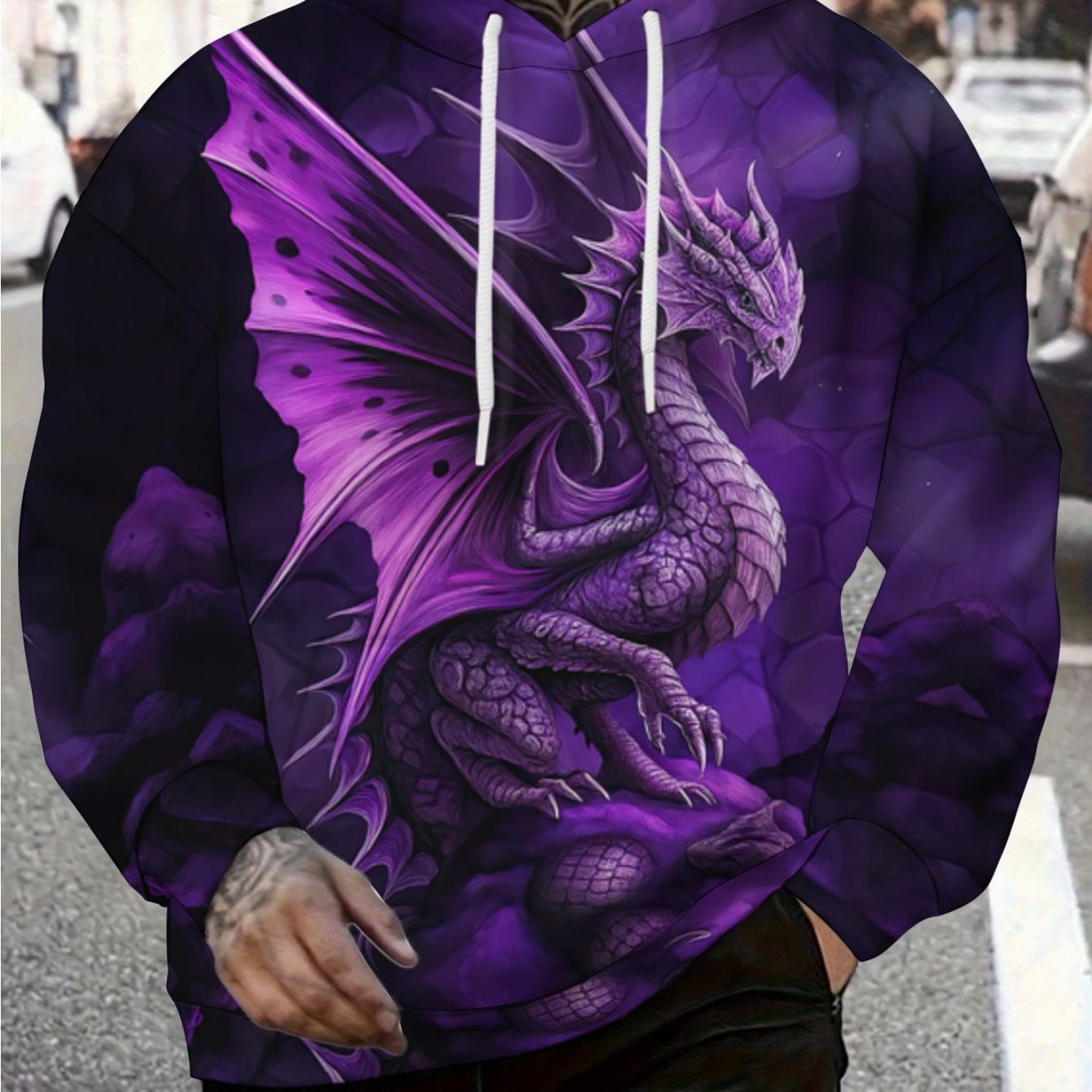 TEMU Men's Stylish Hoodie Featuring A 3d Printed Purple Dragon Design, Perfect For Fall And Winter Street Fashion. This Cozy Sweatshirt Showcases A