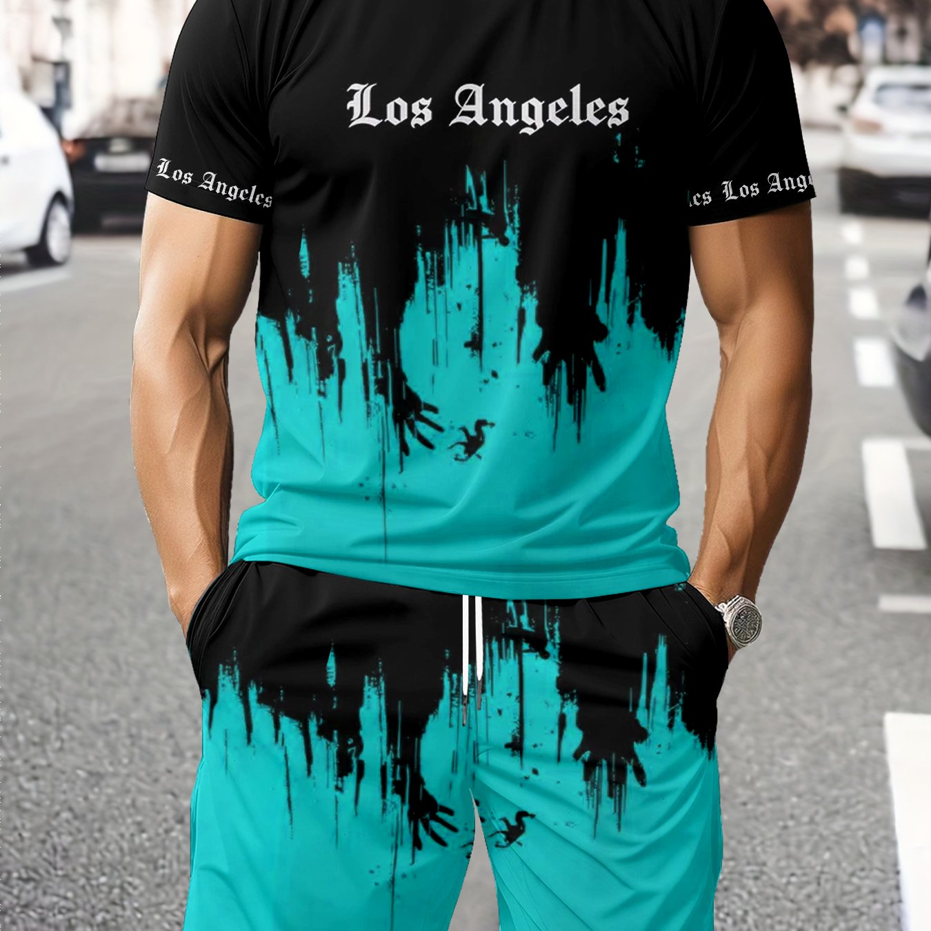 TEMU Trendy Men's Suit Short-sleeved T-shirt + Casual Shorts Two-piece Set Summer Slim Men's Clothing Two-piece Set