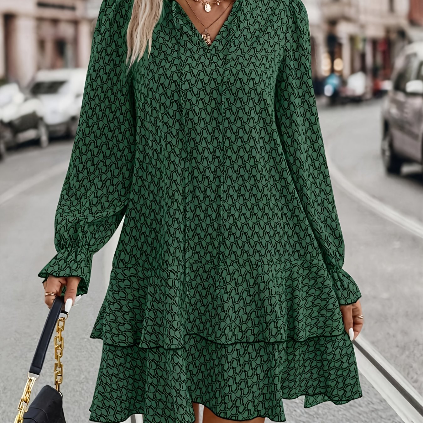 Image of Autumn/winter Elegant Style Print Flared Sleeve V-neck Ruffle Hem Gathered Dress