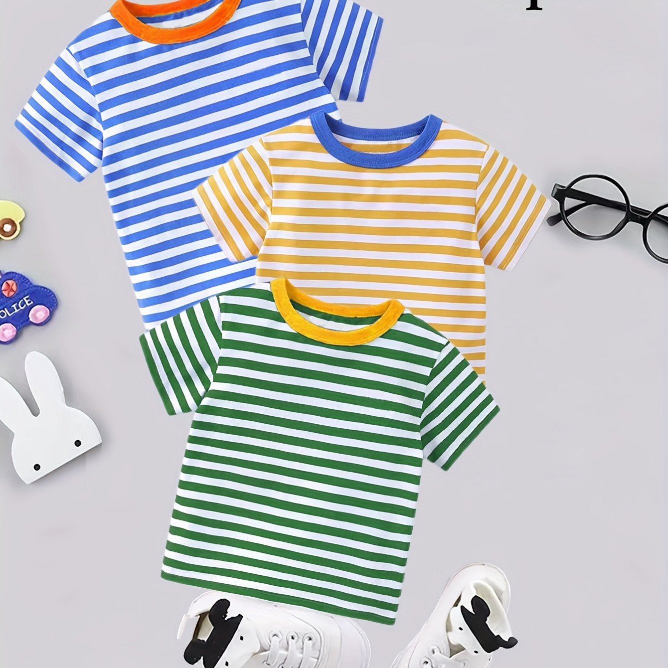Image of 3pcs Set Of Boys' Striped T-shirts, Casual Round Neck Short Sleeve Summer T-shirt Top