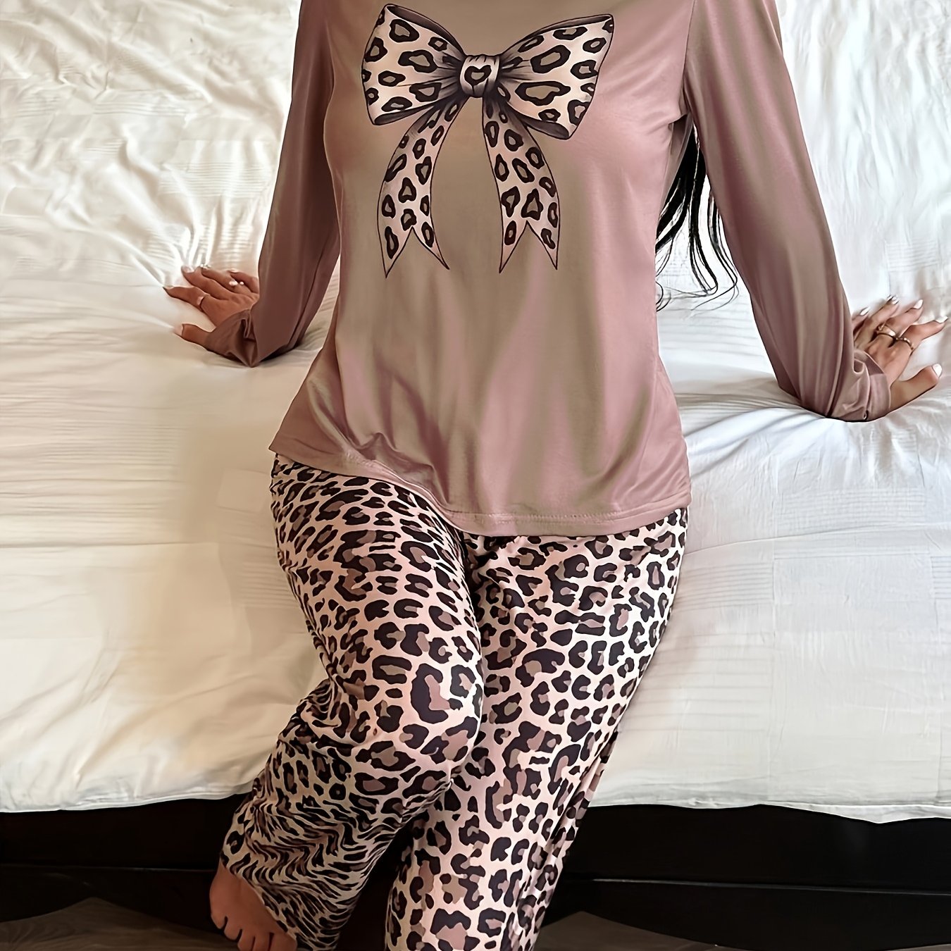 TEMU Ensemble de pyjama à manches longues pour femmes avec nœud papillon et imprimé léopard