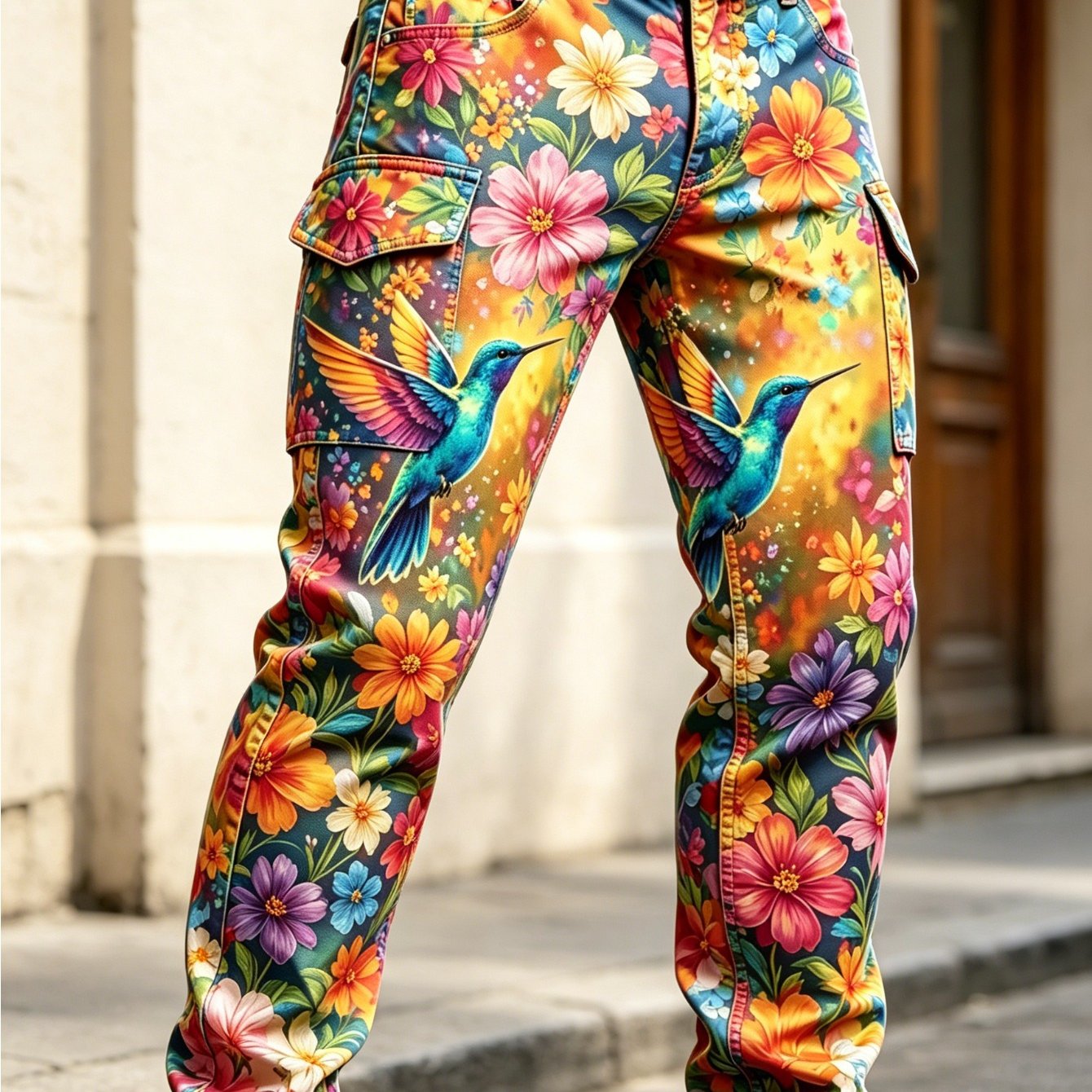 Image of Unisex Digital Printed Hummingbird Floral Cargo Pants, Multi-pocket Loose Straight Leg Casual Trousers For Daily Vacation & Outdoor Wear