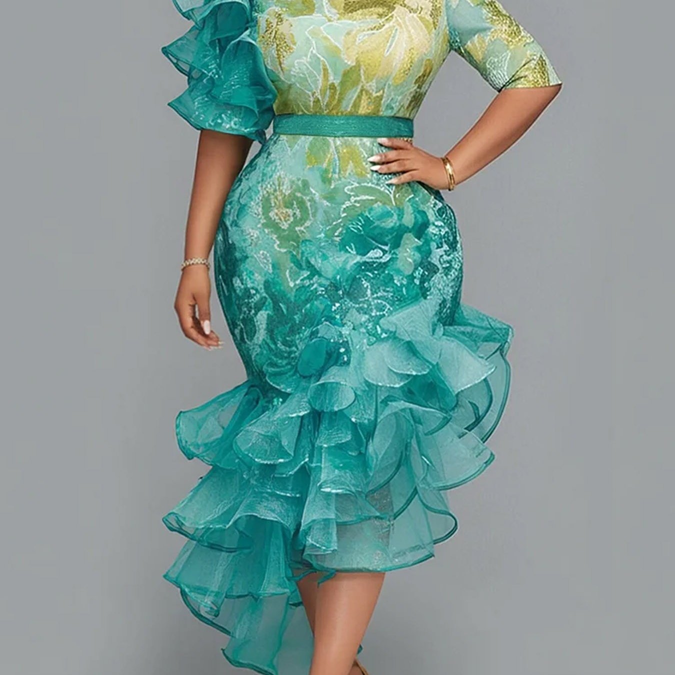 TEMU Plus Size, Plus Size Sparkly Turquoise Formal Mermaid Dress Ruffle Mesh Sleeve Lace Gown For Holiday Dinner Party