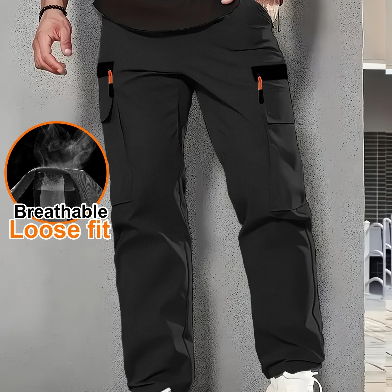 E-shop Herren Outdoor Freizeit Cargo-Hose - Oversized Schnitt, Mehrere , Fake-Reißverschlusstasche, Kordelzugbund, Leicht Atmungsaktiv, Ideal für