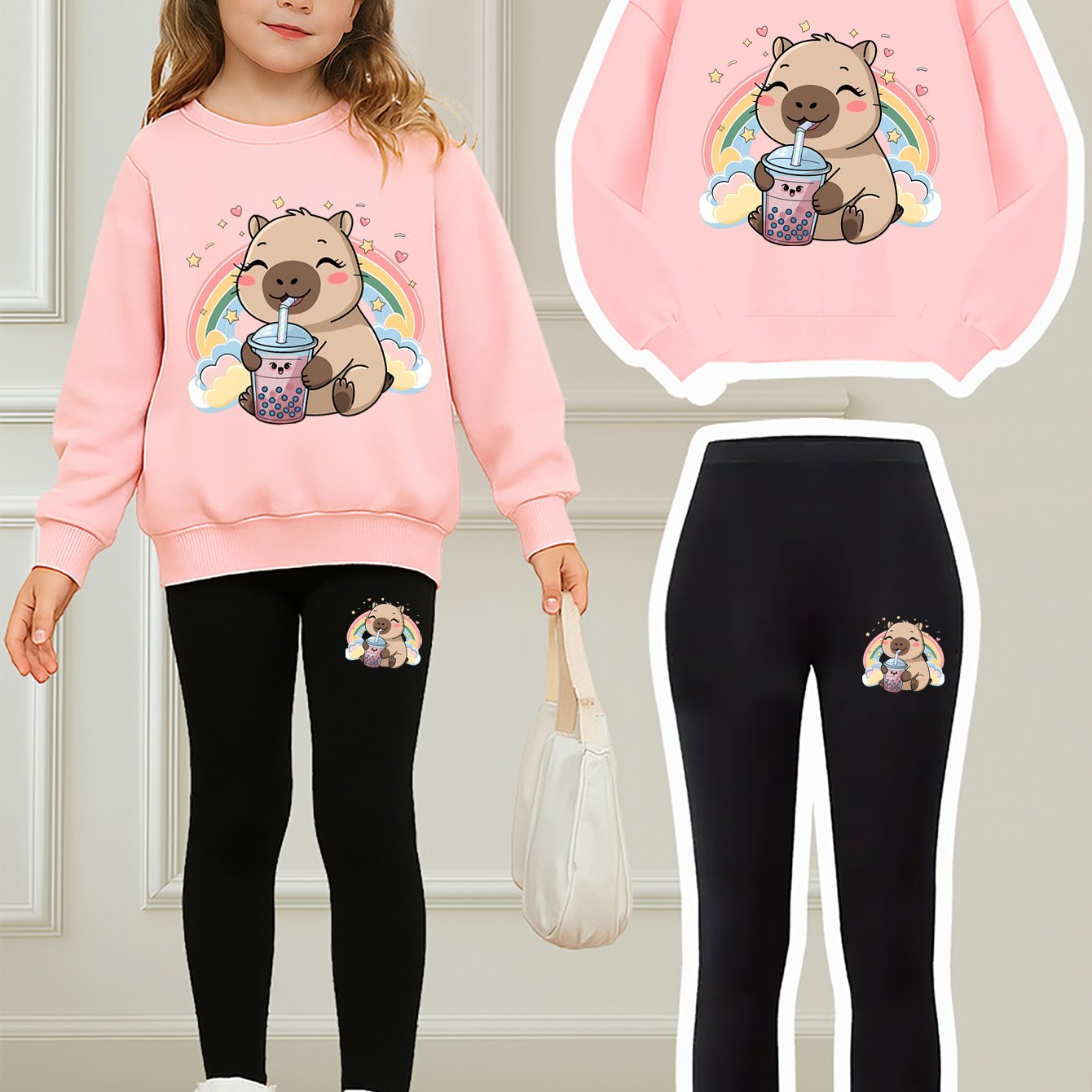 Image of Capybara Girls' 2pcs Set: Capybara Print Sweatshirt + Leggings, Girls' Clothing, Streetwear Outfit, Birthday Gift/halloween, Perfect For Outdoor