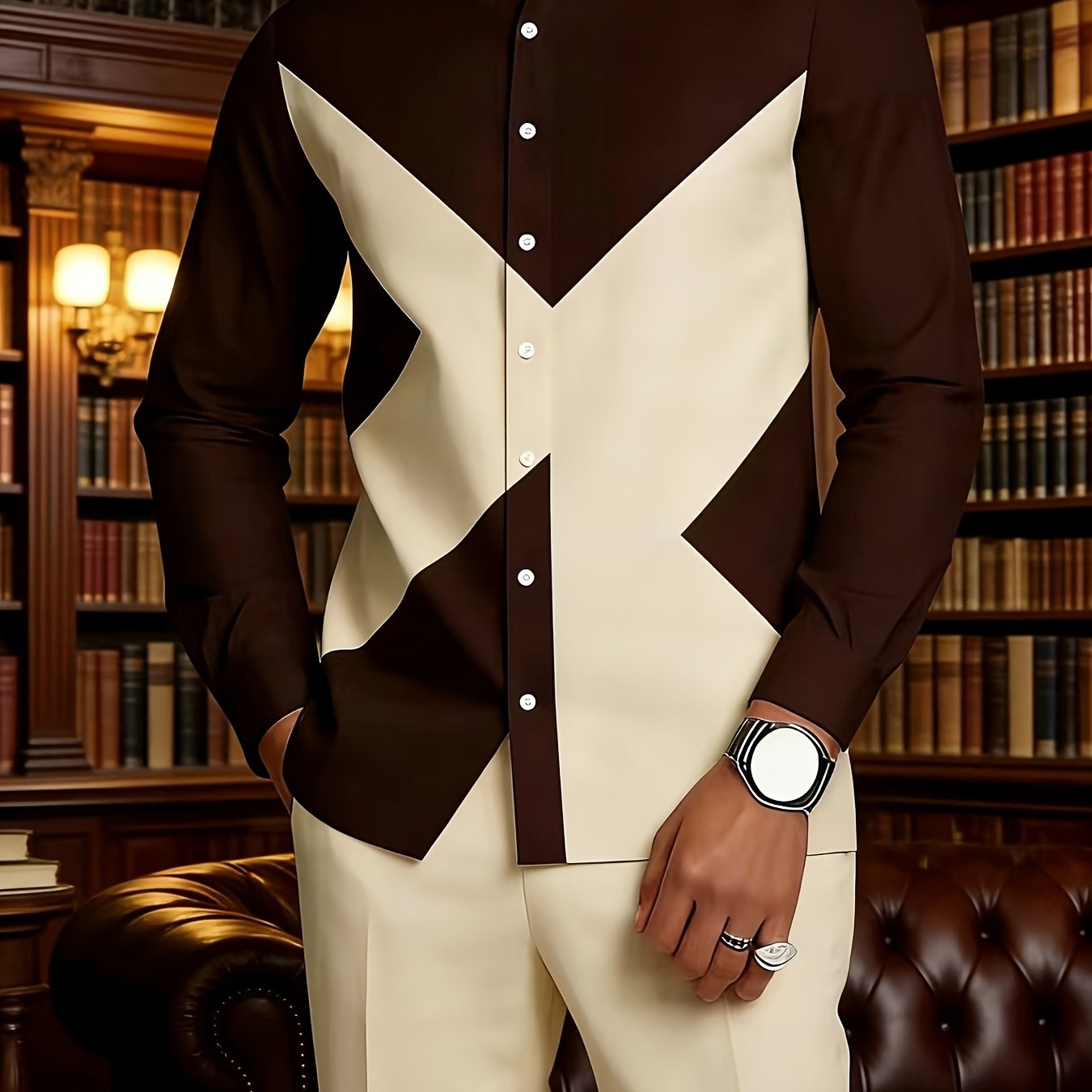 TEMU 2pcs Set, Men's Spring And Autumn Fashion Casual Business Suit, Light Luxury Coffee Beige Contrasting Long Sleeve Shirt, Comfortable And Soft,