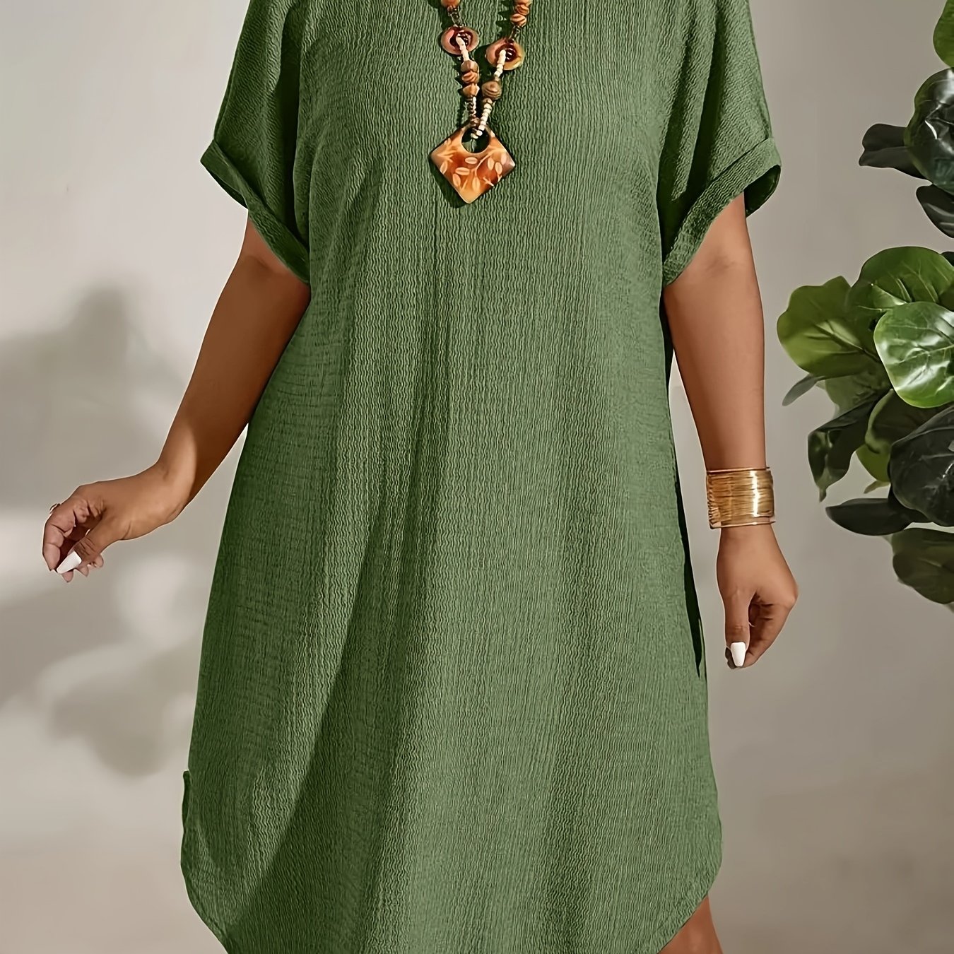 Image of Plus Size, Plus Size Solid Color Dress, Casual Short Sleeve Round Neck Dress With Curved Hem And Rolled Cuffs, Suitable For Spring And Summer, Women's Plus Size Clothing