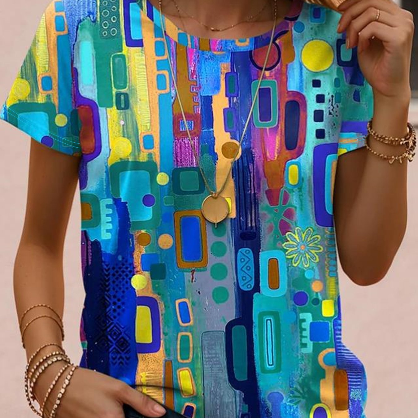 TEMU 2026 Women's Fashion Spring Summer New Women's Clothing, Artistic Sense, Colorful Abstract Geometric Random Print Round Neck Short Sleeve, Loose