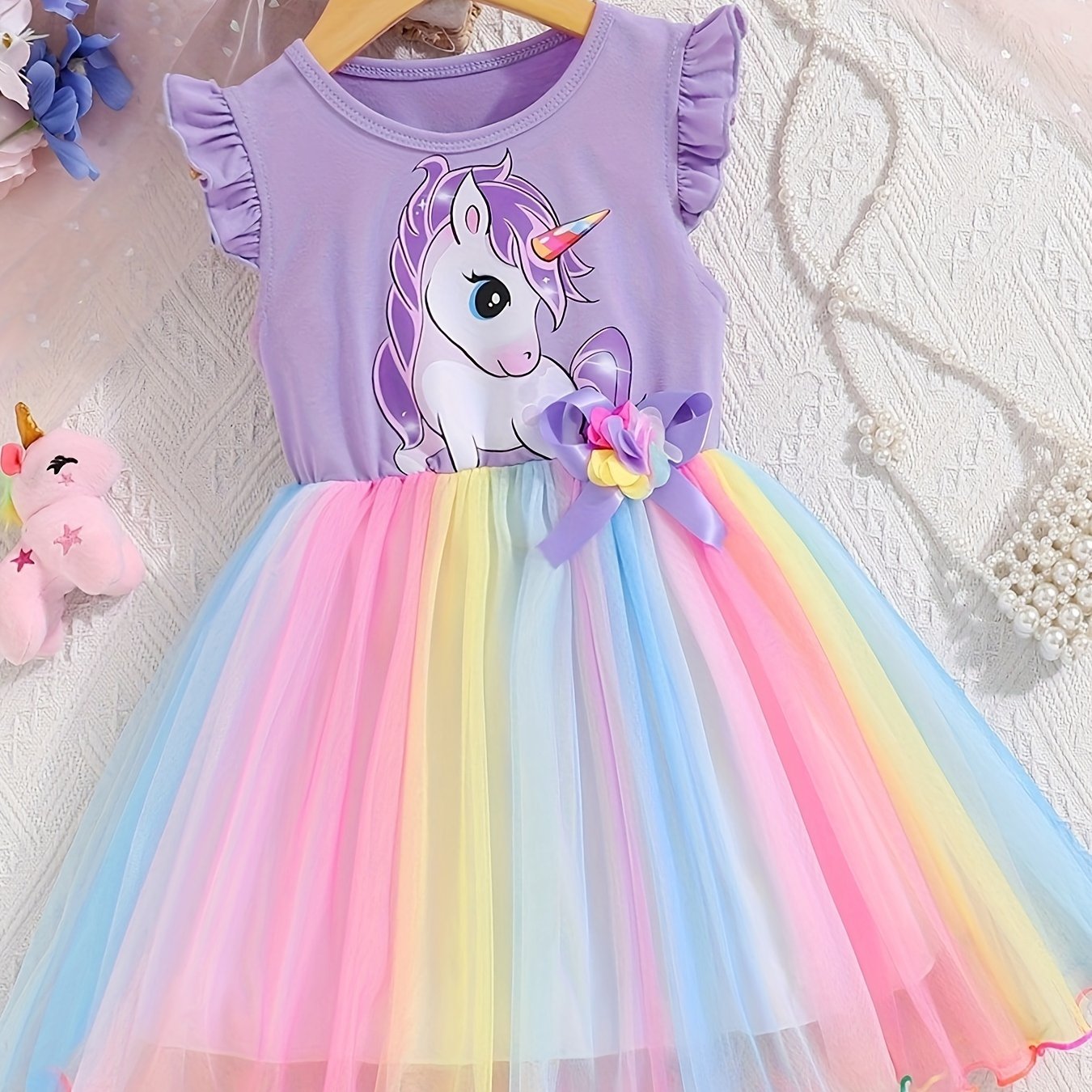 Girls' Summer Sleeve Unicorn Print Bow-decorated Iridescent Mesh Skirt, Beautiful, Stylish, And Elegant Dress
