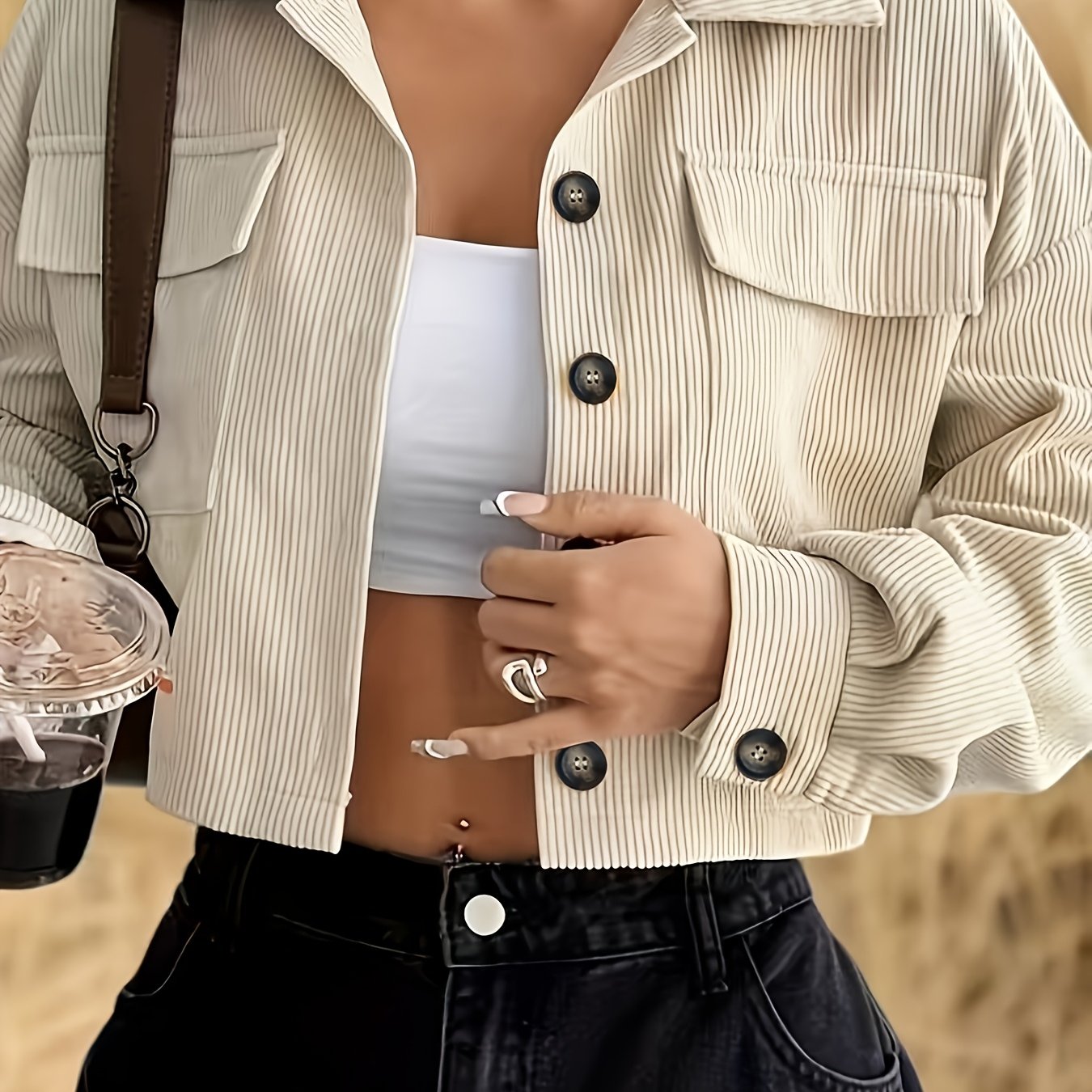 TEMU Spring And Autumn Women's Fashion Short Corduroy Button-style Solid Color Short Jacket