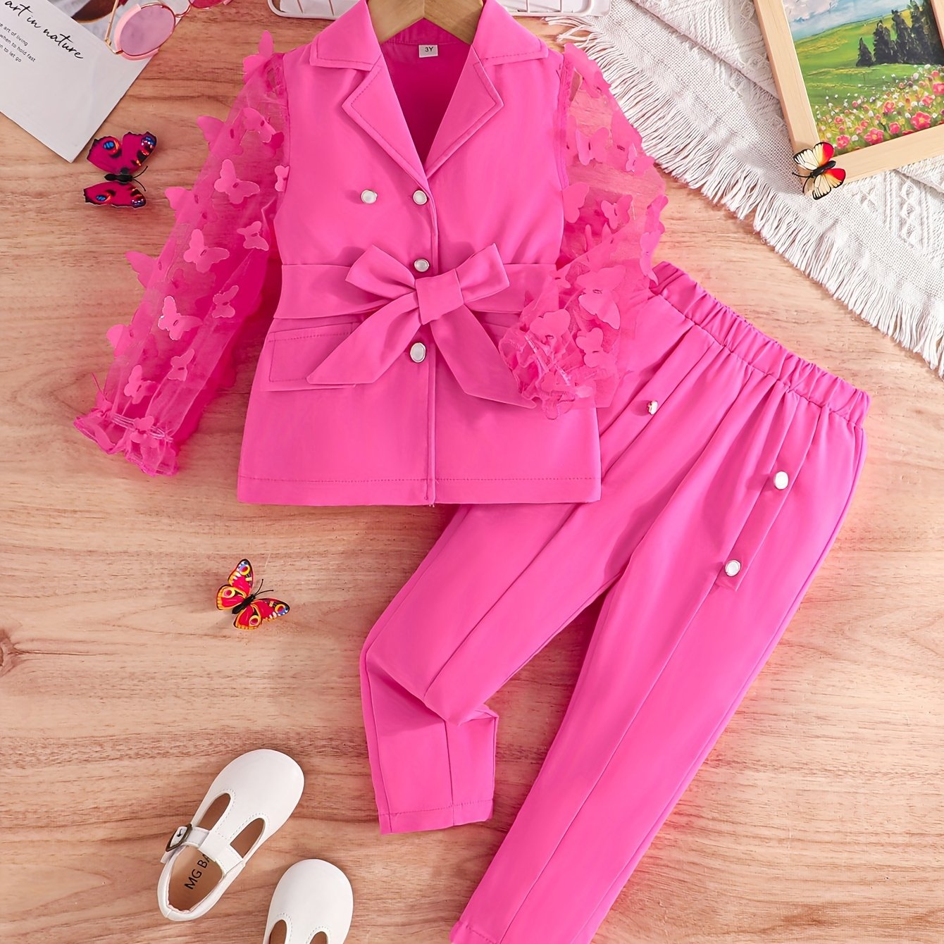 2pcs Girls' Butterfly Blazer and Solid Color Pants Set