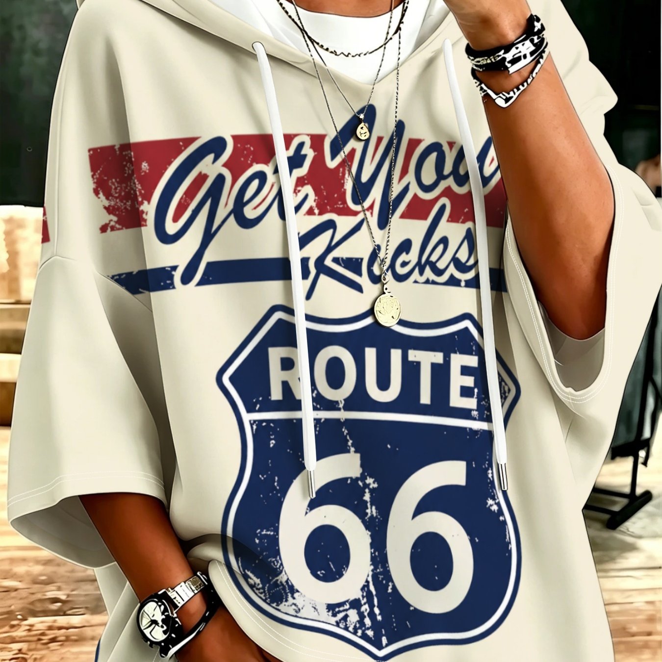 TEMU Plus Size - American Size 66 Number Highway Distressed Printed Hooded Three-quarter Sleeve Top Loose Retro Casual All-match Sweatshirt