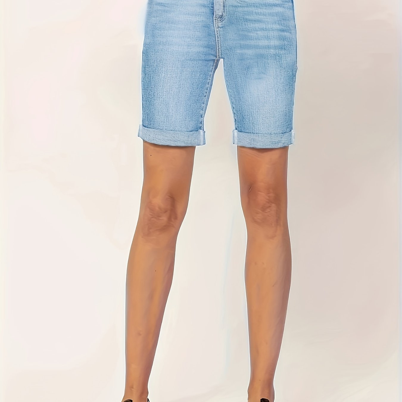 Summer Slim-fit High-waisted Knee-length Jeans With Rolled
