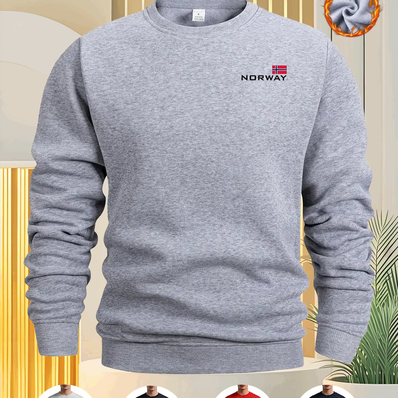TEMU Norway Small Logo Print -lined Thickened Men's Sweatshirt Crewneck Pullover - Black/red/light Gray/navy/ , Casual Long-sleeve Crewneck