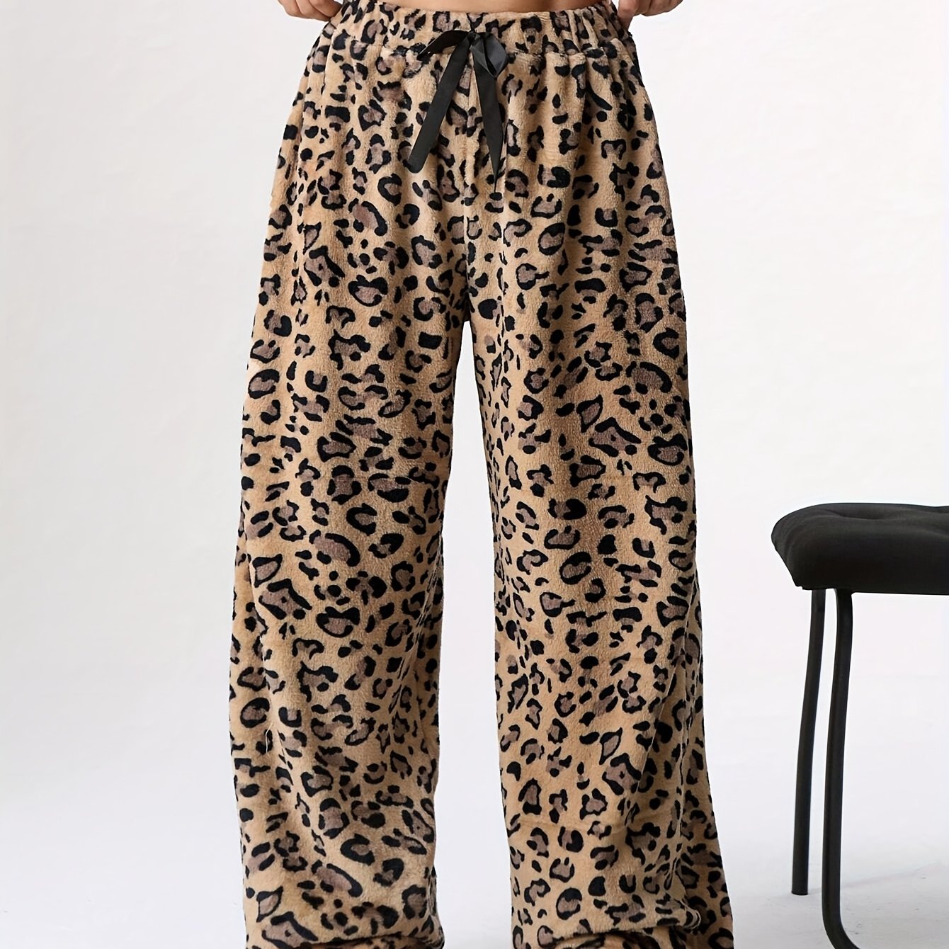 TEMU Women's Stylish Casual Loose Wide-leg Pants With Bow Decoration In Leopard Print For Autumn And Winter