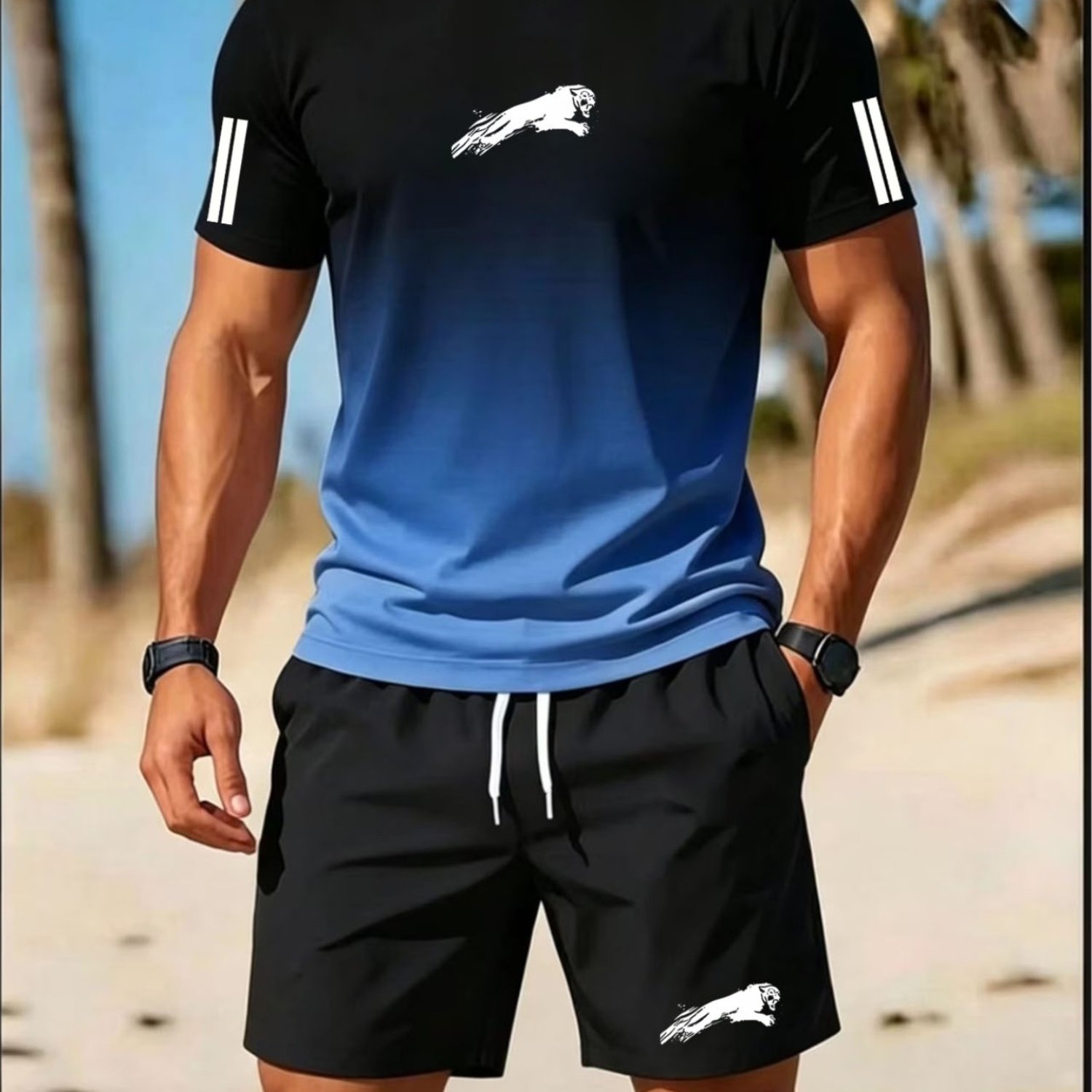 TEMU 2026 Men's New 2pcs Sports Suit Set, Gradient Round Neck T-shirt And Quick-dry Shorts, Casual Leopard Print, Breathable Athletic Wear, Suitable