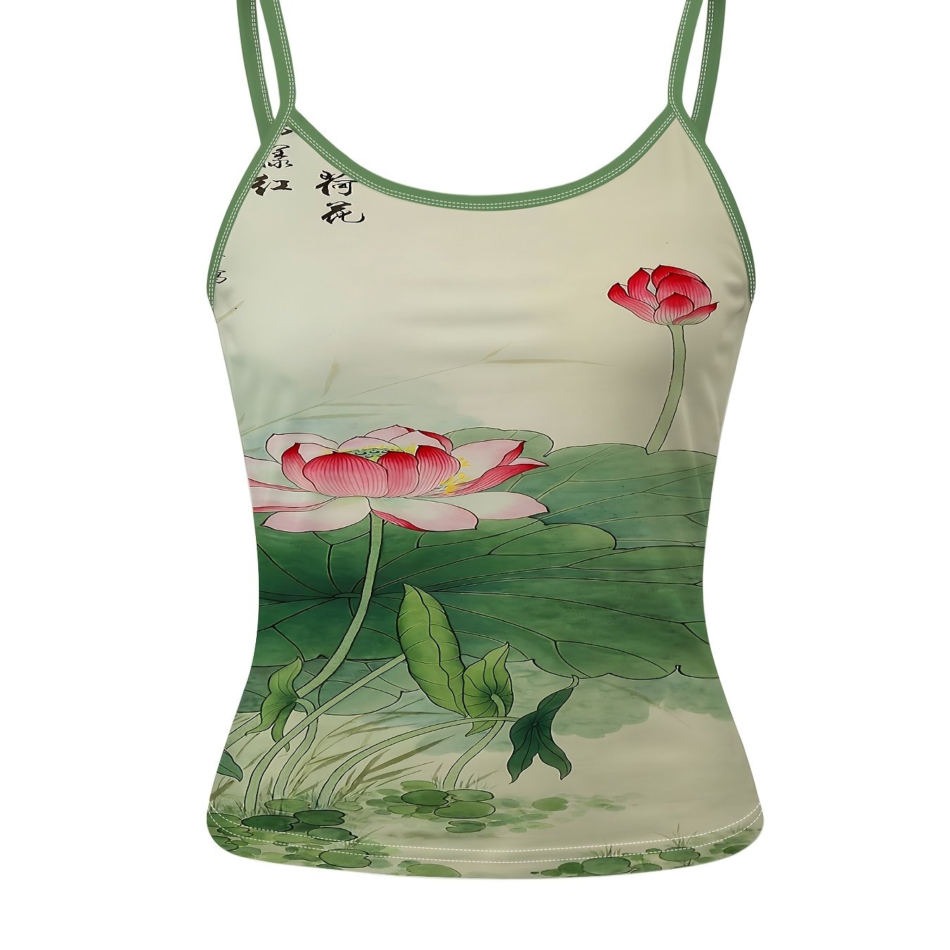 TEMU Ink Lotus Print Cami Tank Top, Women' Sleeveless Top, Chinese