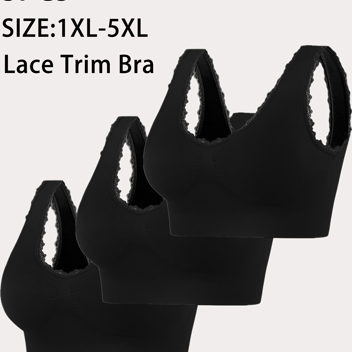 Image of 3pcs Plus Size Wire-free Lace Trim S Bras - No Padding Single-layer Design, Breathable Medium-stretch Fabric For,, & Daily Wear (xl-5xl, Black), Wireless S Bra, Backless S Bra, Bra, Smooth Texture Bra