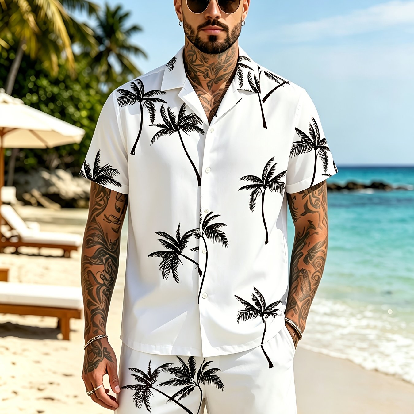 E-shop Herren Hawaiian Palm Tree Zweiteiler - Kurzarm Hemd mit Knopfleiste und Shorts mit Kordelzug für den Urlaub