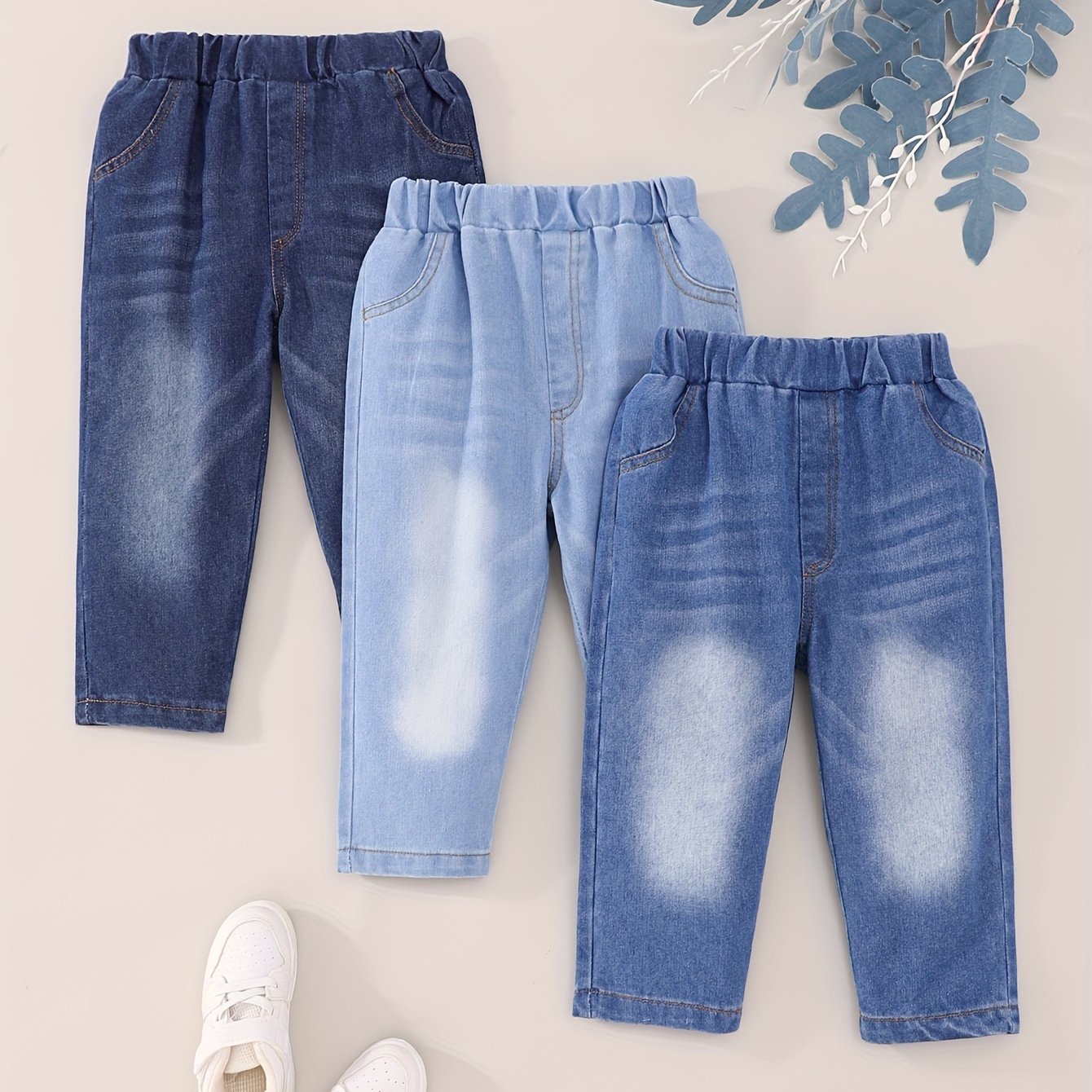 Image of Baby Boys And Girls Retro Denim Trousers 3pcs Set Boys Autumn And Winter Casual Pants Jeans