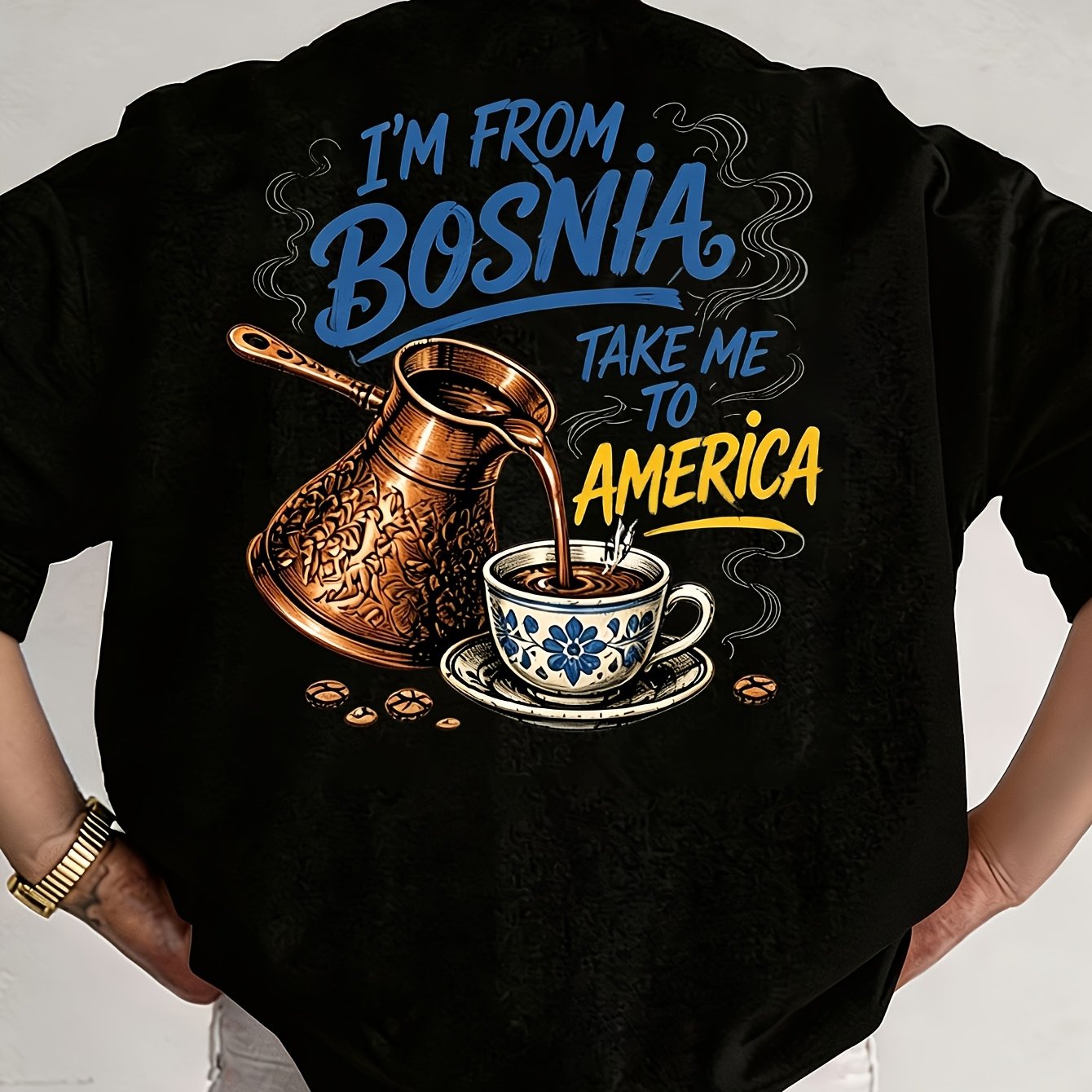 TEMU Plus Size Bosnian Pride Back Graphic Tee, " Bosnia To America" T-shirt, High-street Unisex , Regular Fit Shoulder Clothing