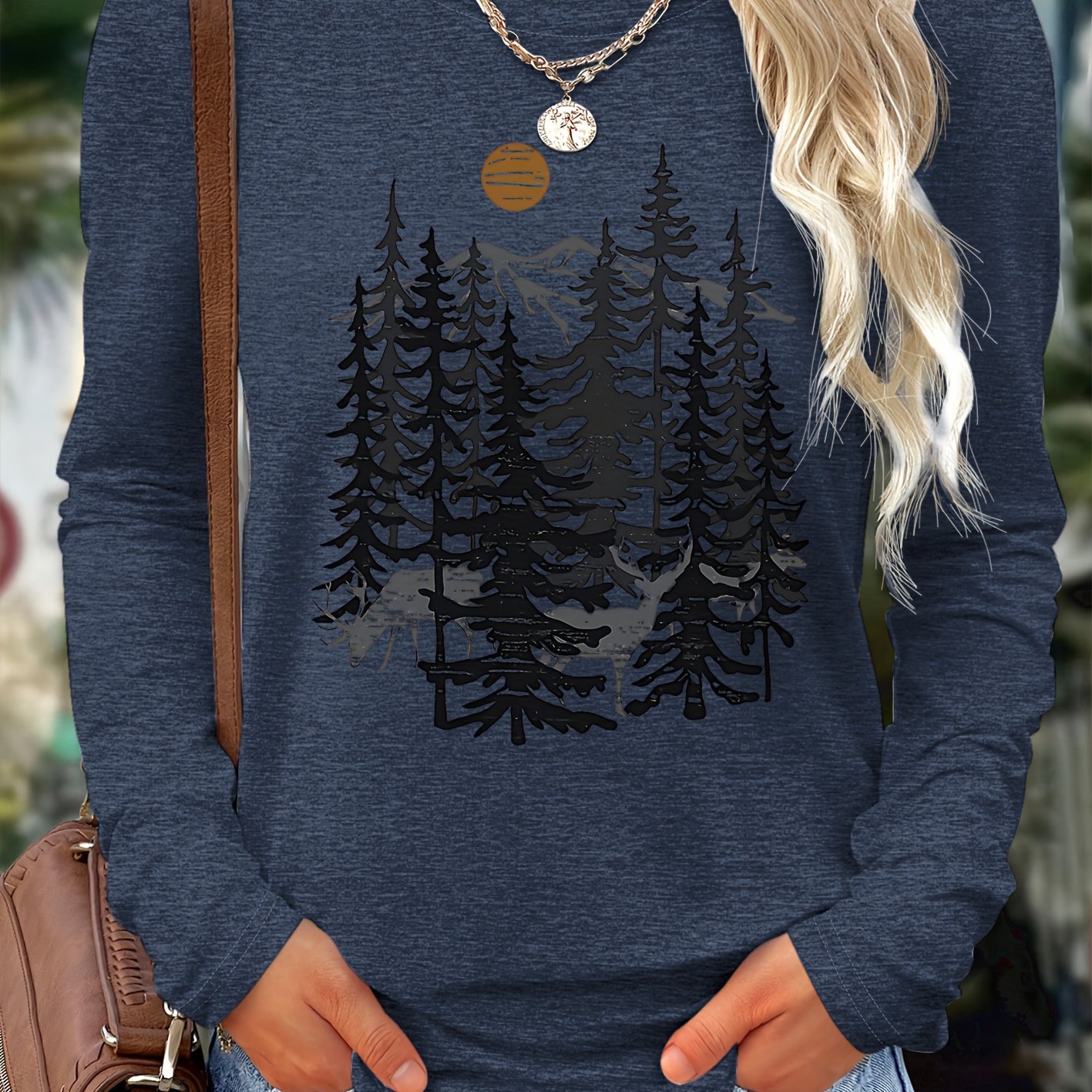 TEMU 1 pièce Chemise Élégante pour Femme - Imprimé Forêt de Conifères Noir, Vêtement Décontracté Sportif d'Automne, Haut à Manches Longues