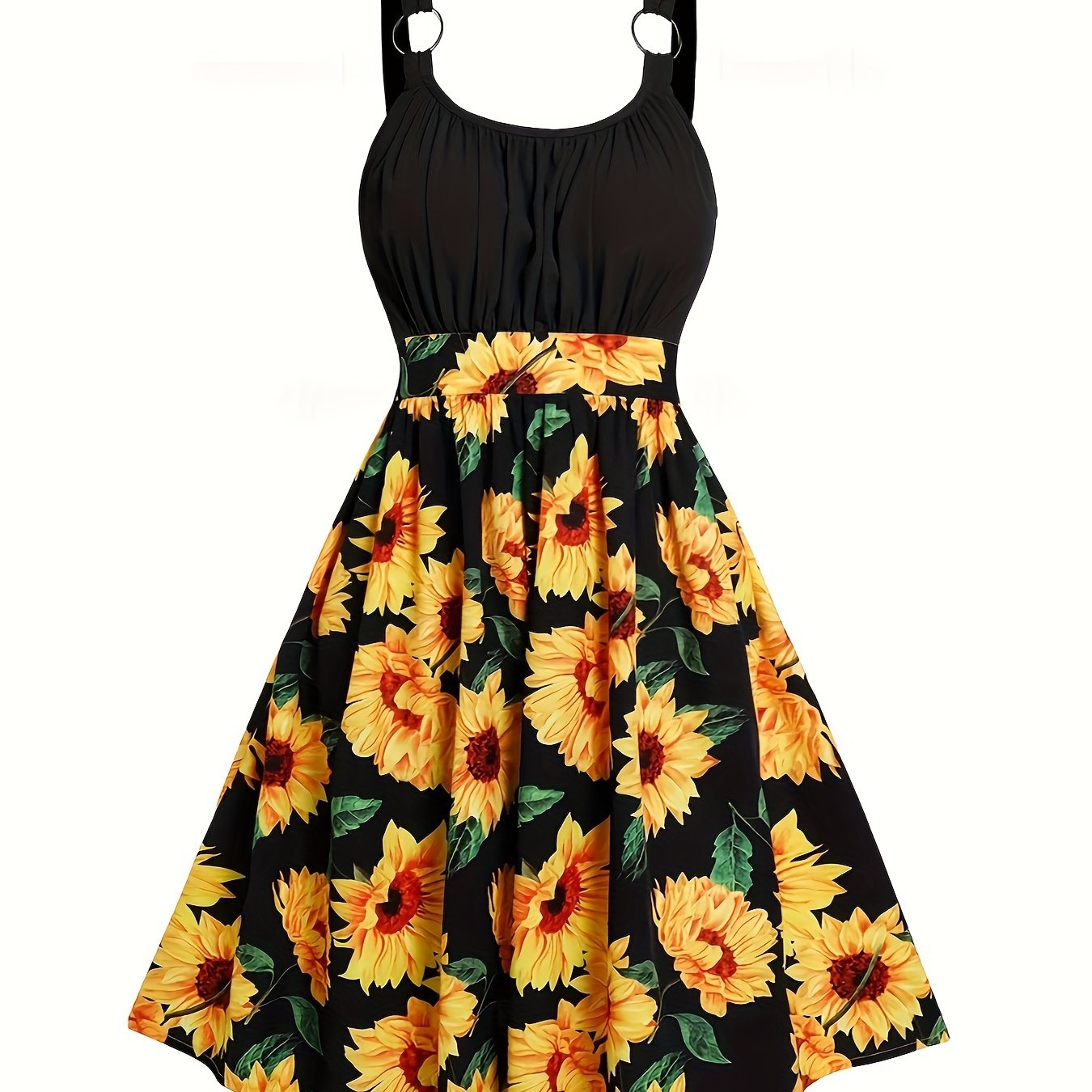 sunflower print ring linked dress casual sleeveless ruched a line dress womens clothing
