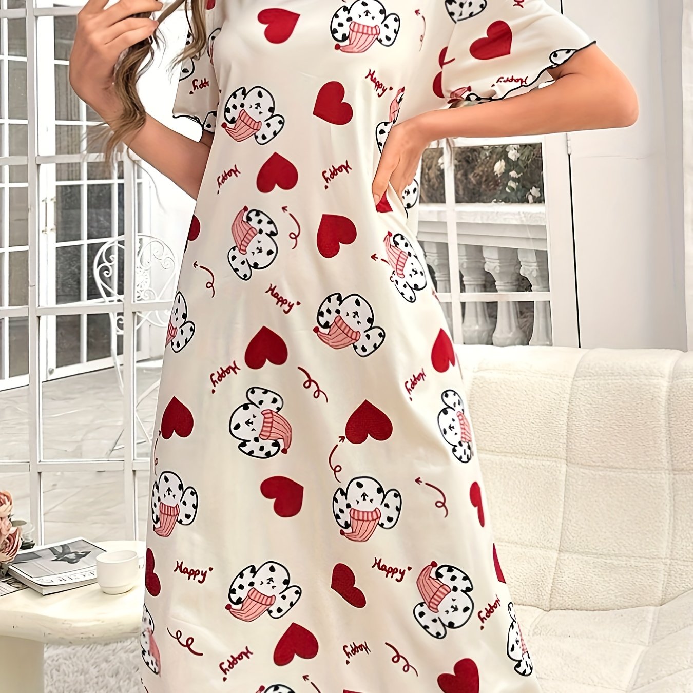 TEMU Women's Cozy Pajama Dress With Cute & Heart Print - Short Sleeve, Round Neck, Soft Polyester Blend, Machine Washable