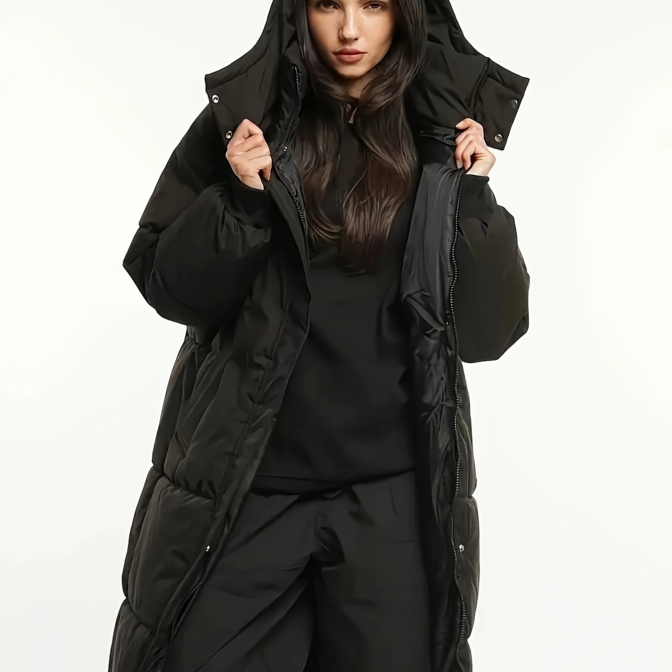 Classic Hooded Long Puffer Coat Women, Long Ladies Quilted Outerwear Jacket Big Pocket, Winter Warm Basic Long Sleeve Tops Coat