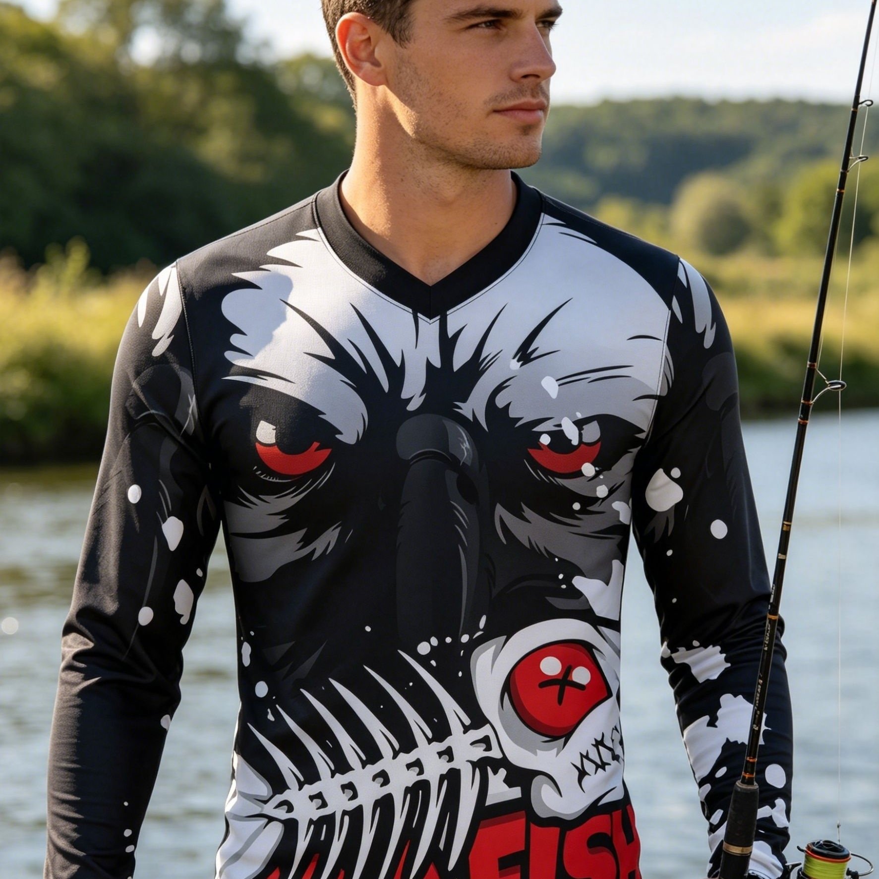TEMU Mens Long Sleeve V-neck T-shirt Fish Pattern Cycling Shirt Active Breathable Moisture Wicking Tops For Racing Biking Riding