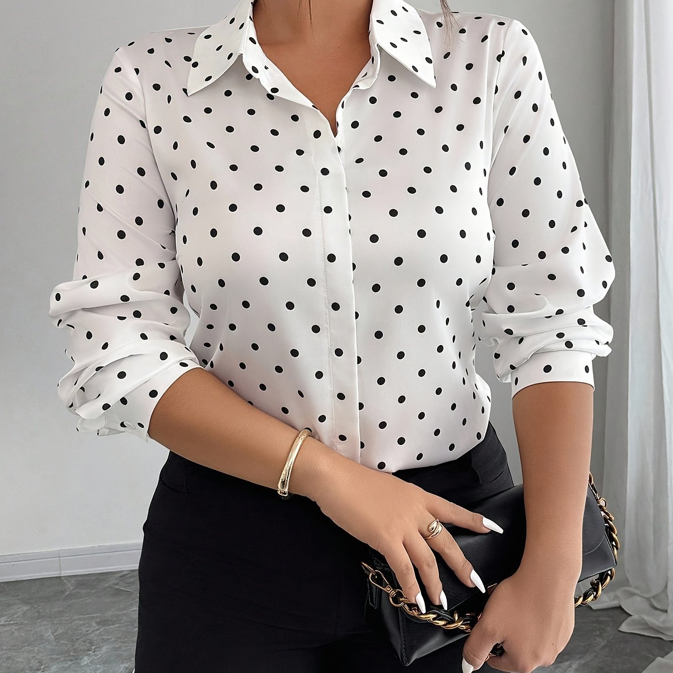 TEMU Women' Polka Dot Long-sleeve Button- Shirt, With A Shirt Collar, Regular Fit, Non-stretch Polyester Fabric, Suitable For Work And Casual Wear