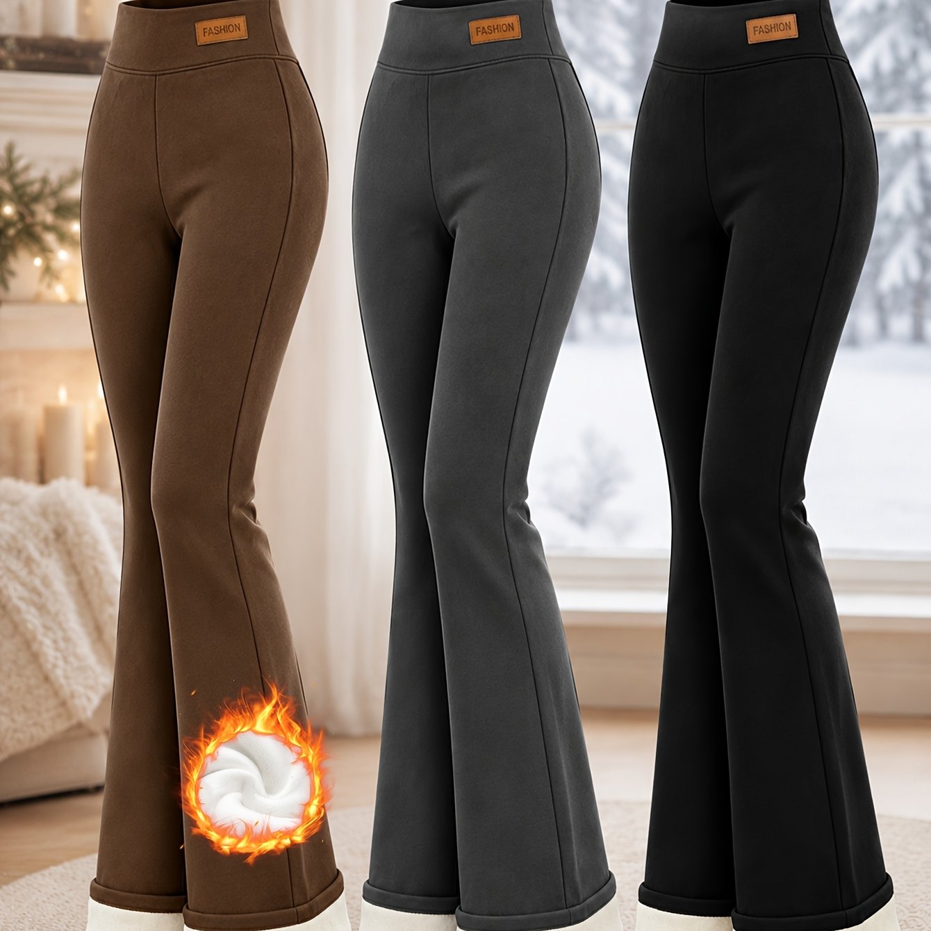 TEMU 3pcs Black, Gray And Brown Fleece Thickened Padded Casual Pants With High Waist, Abdominal Compression And Stretch, Suitable For Winter Daily