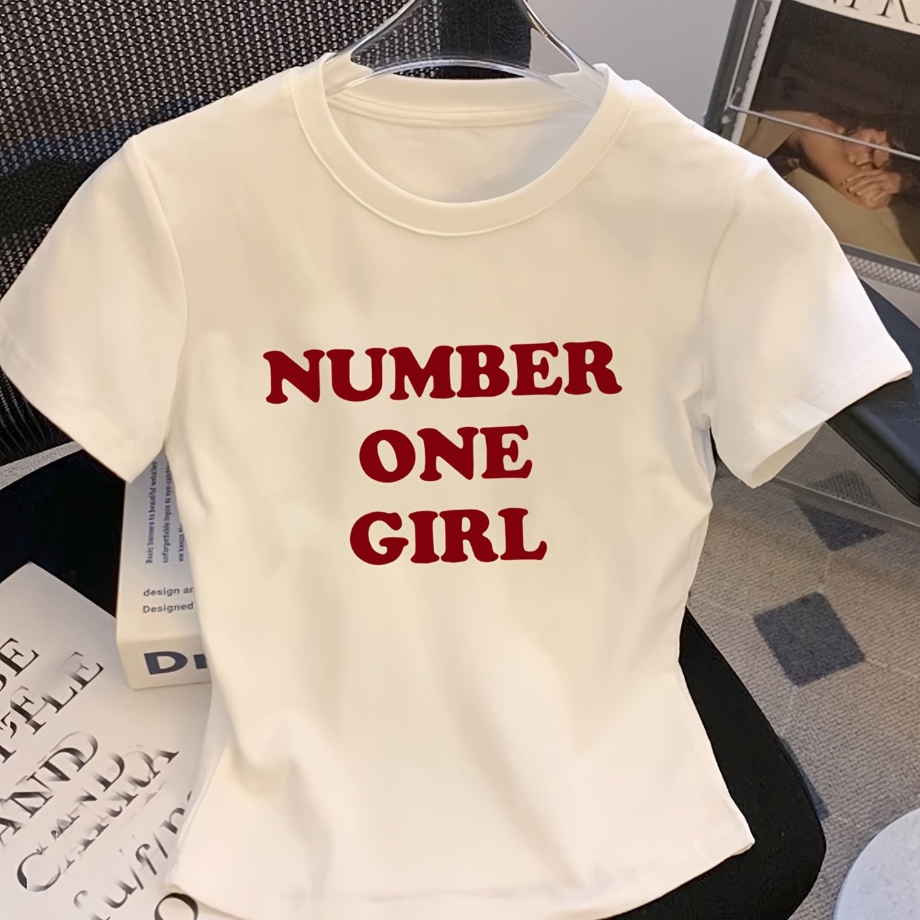 TEMU Creative Women's Fitted Short-sleeve T-shirt, " " Text Letter Print, Fashionable Versatile Trendy Summer New Arrival