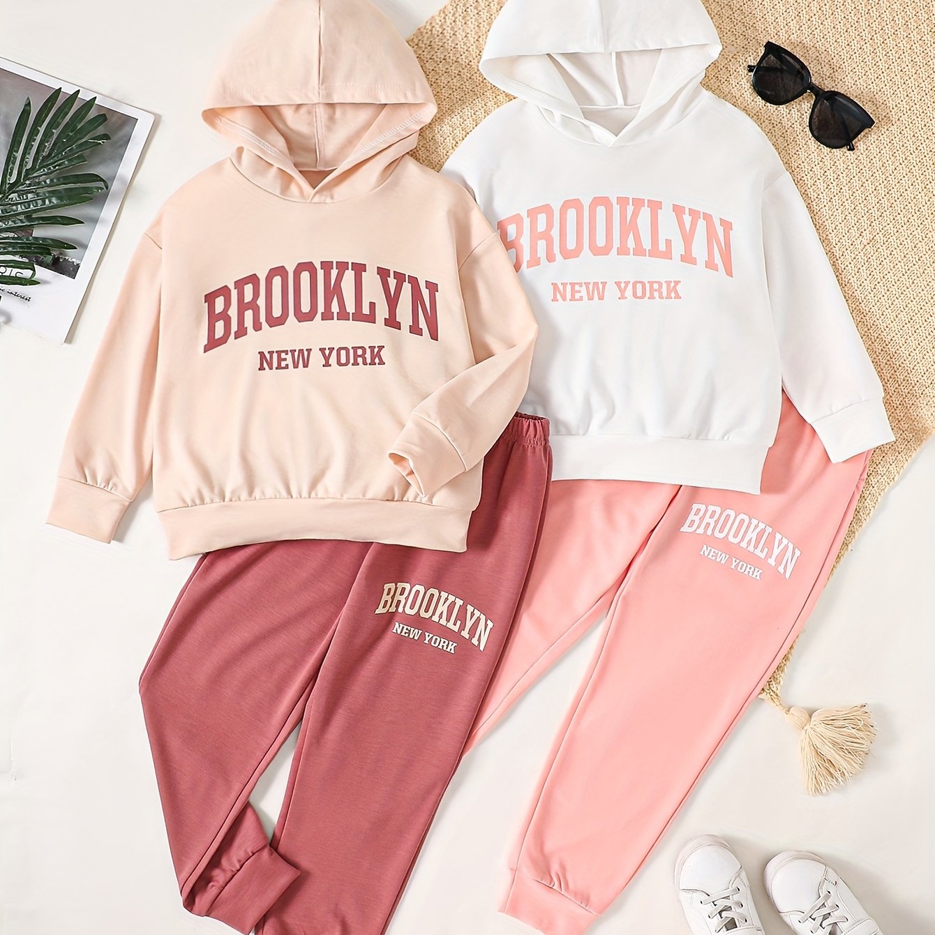 TEMU 4pcs Autumn/winter Girls' Sporty Hooded Sweatshirt And Pants Set, Cute And Stylish Holiday Gift For Girls Ages 4-14, Letter Print Pullover And Casual Athletic Pants, Perfect For Outdoor