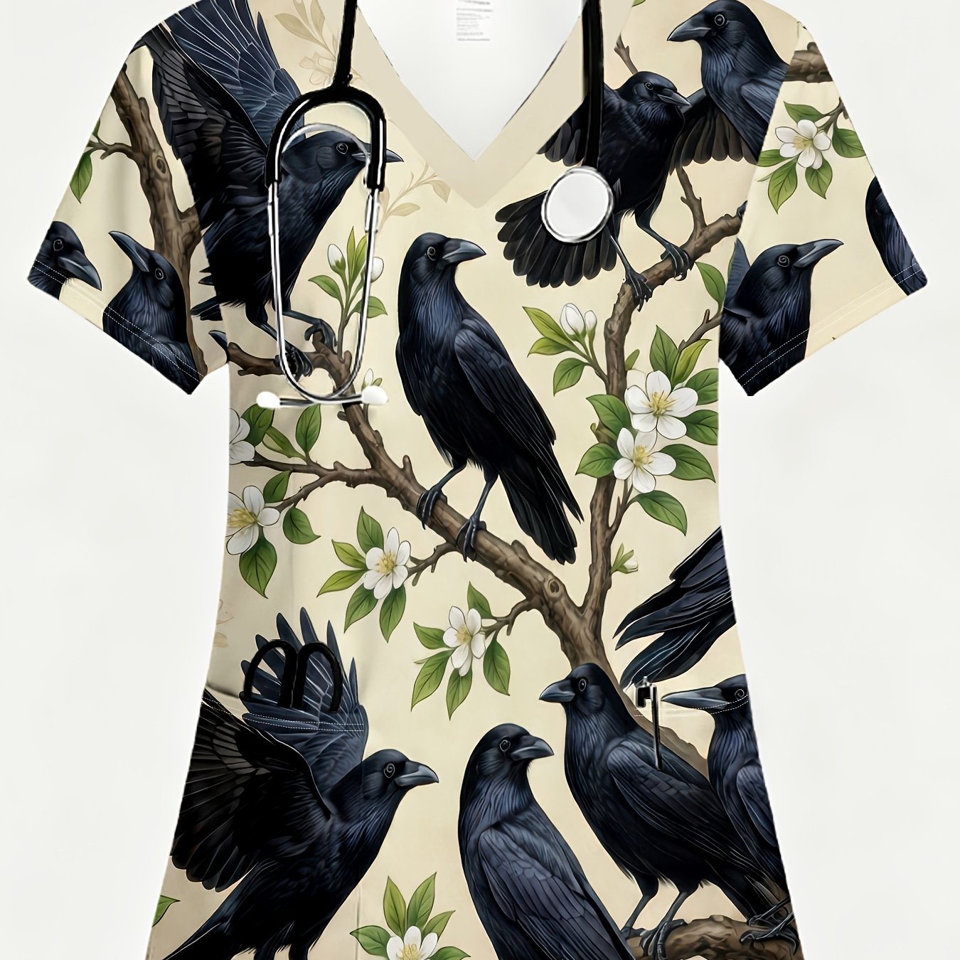 TEMU A Women's Uniform, Print, White Background, 2 Pockets, V-neck, Vintage Crow And Flower Branch Print For Women's Scrub Tops Dark Academia Style