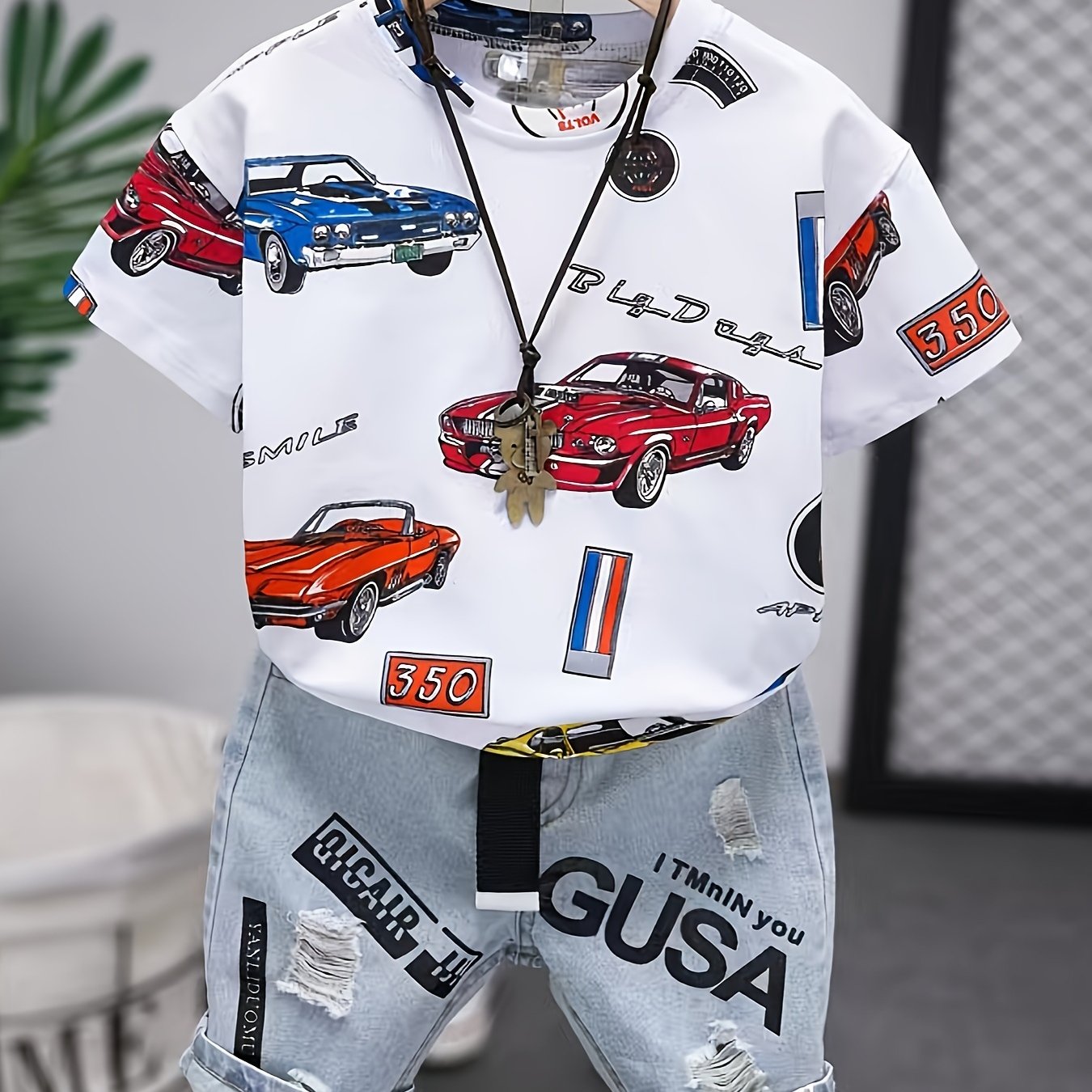 Image of Boys' Outdoor Casual Fashion Summer Short Sleeve T-shirt And Shorts Set With Car Print, Stylish Denim Mid-length Shorts With Letter Print, Comfortable 2pcs Outfit, Perfect For Outdoor