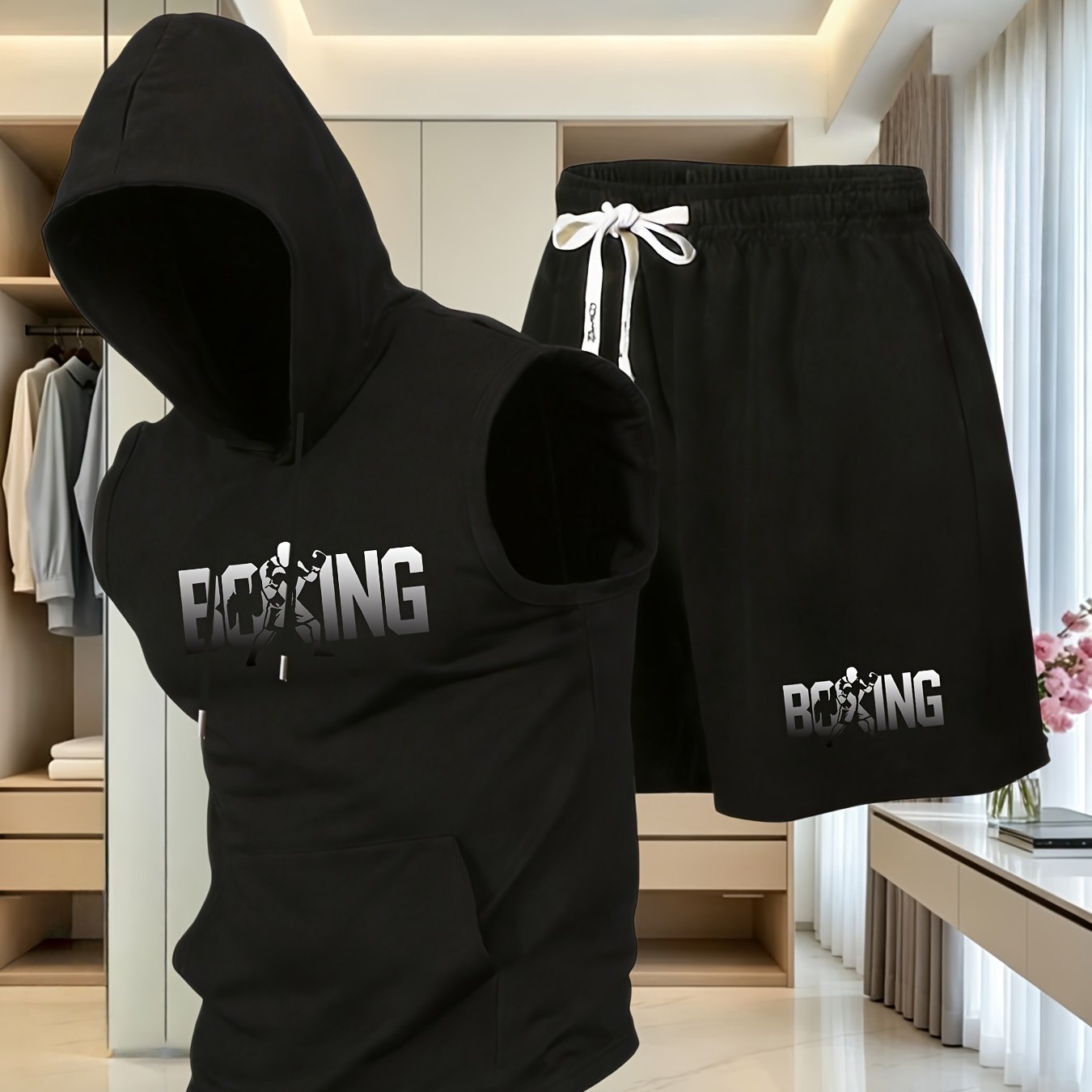 TEMU Men's Boxing Boxing Print Hooded Vest And Shorts Set Summer Loose Casual Athletic Two-piece Outfit Versatile Fashion Outdoor Sleeveless Vest And