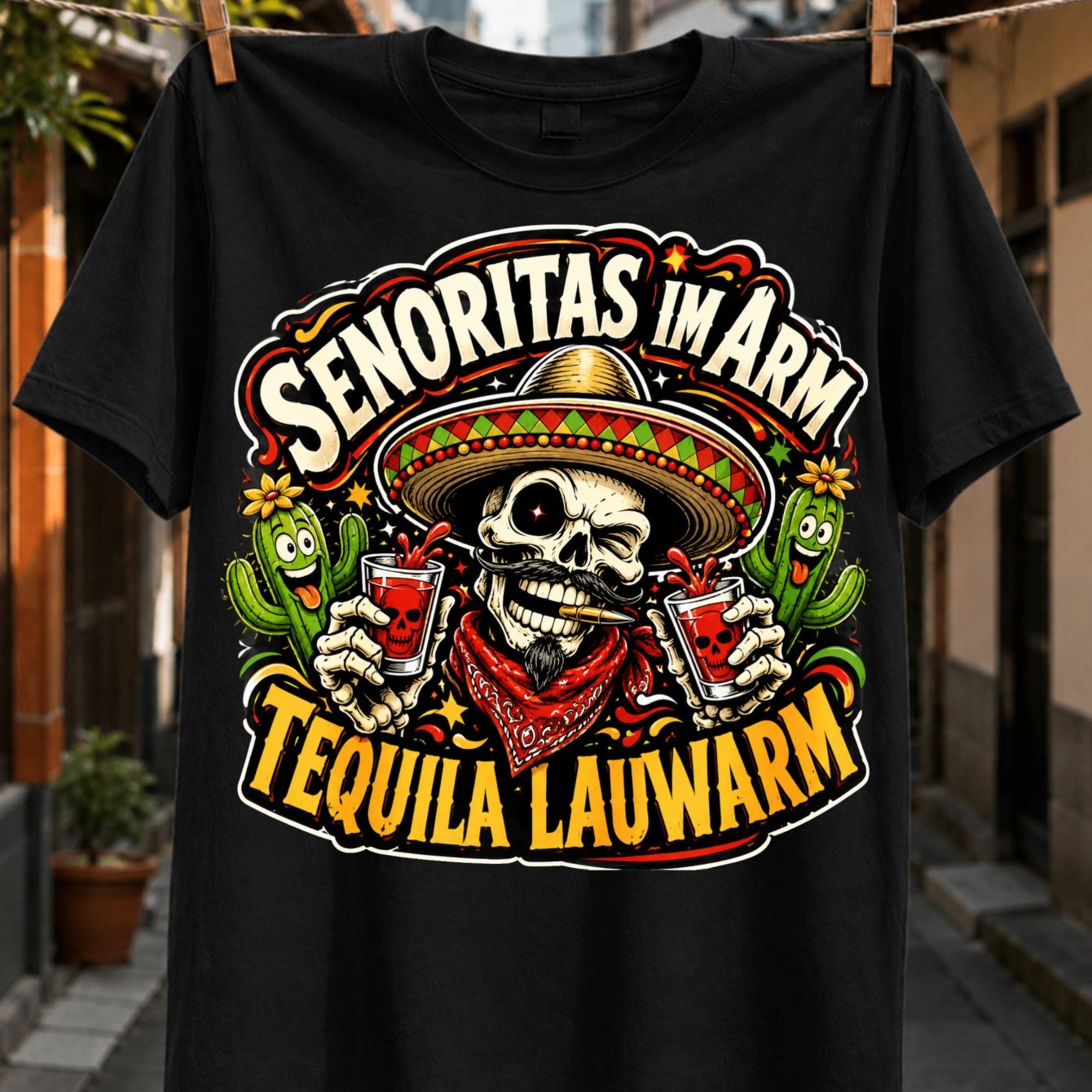 Ladies' Arm Tequila Warm Lettering With Sombrero And Tequila Shots And Smiling Cactus Style Unisex T-shirt