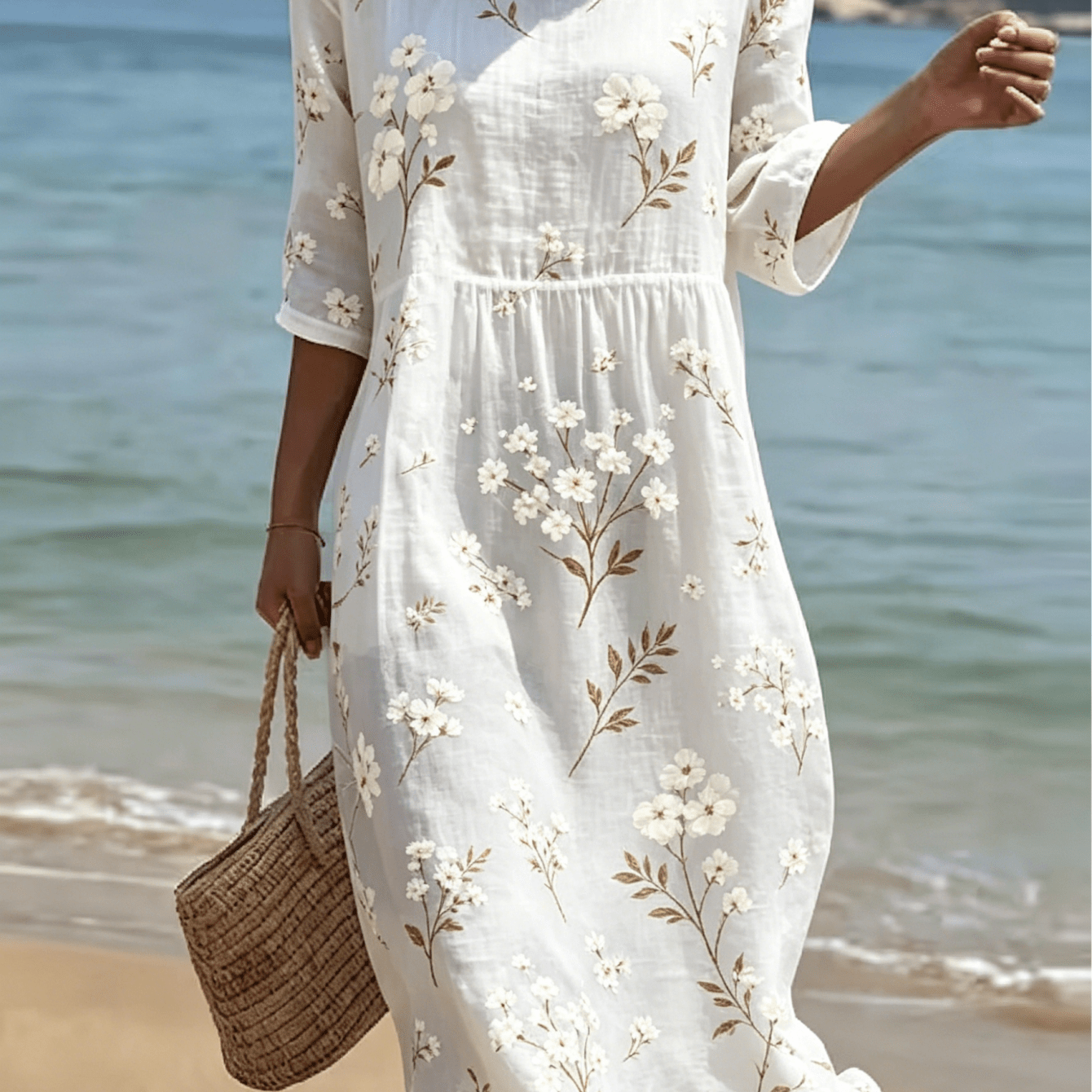 Image of Plus Size - New Arrival Plus Size Round Neck Midi Dress, Round Neck 3/4 Sleeve High Waist Gathered Design Without Pockets, Coffee Cherry Print, Soft Daily Casual Wear