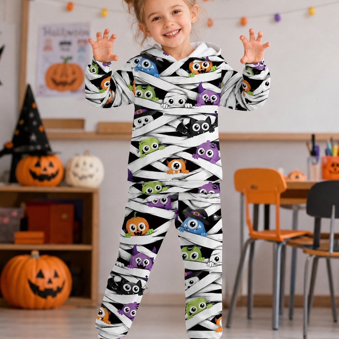 TEMU Girls 2pcs Hoodie Jogger Tracksuit, Bandage Cute Monster Pumpkin Print Long Sleeve Matching Outfit, Perfect For Halloween Party, Vacation,
