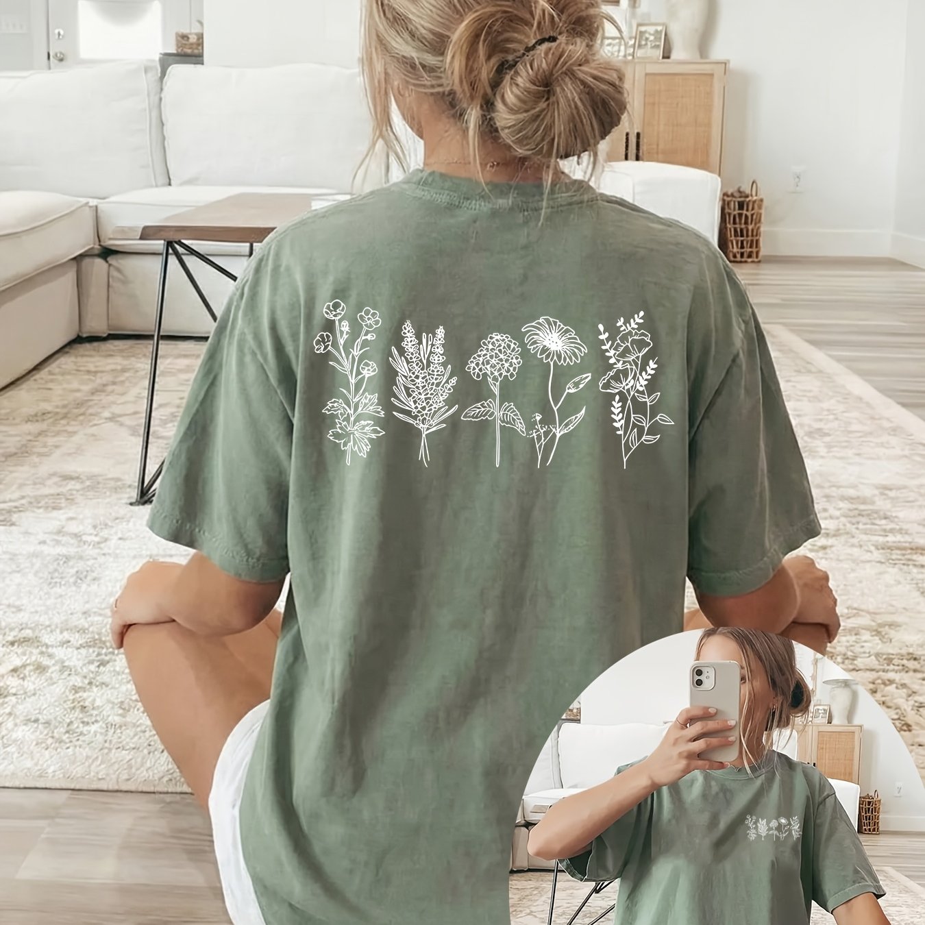 TEMU Women'-sided Hand-painted Floral T-shirt - Loose-fit Short Sleeve Round Neck Blouse-compatible Top | Suitable For Casual Casual Attire, Machine