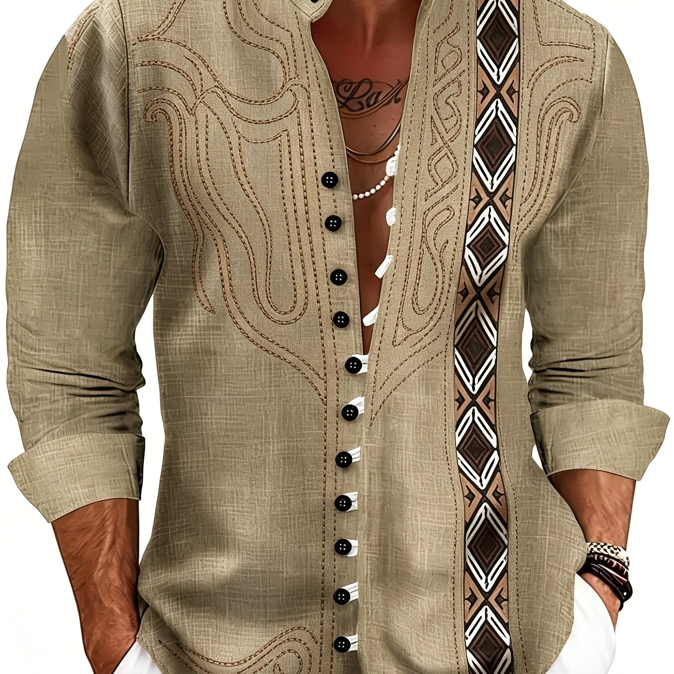 Plus Size Men's Casual Shirt Faux Linen Printed Stand Collar Long Sleeve Button Shirt Bohemian Ethnic Tribal Street Style Tops For Beach Vacation Summer And Wear