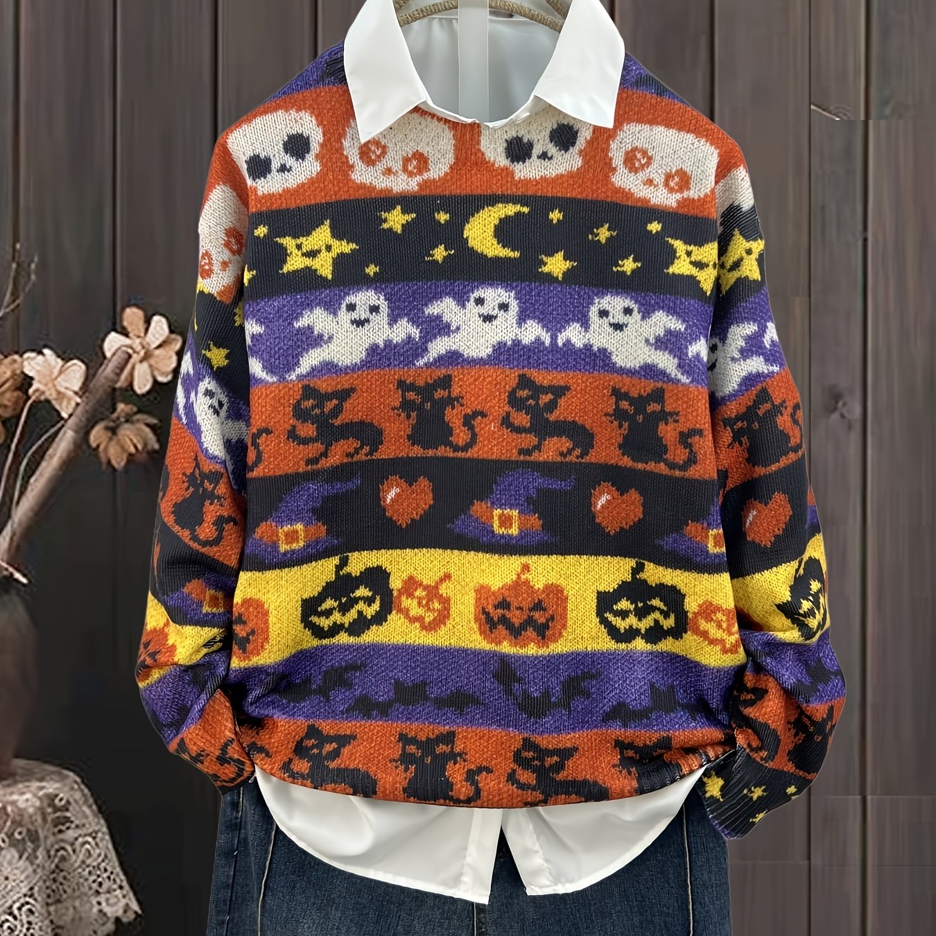 TEMU 2d Flat Pattern Fall Versatile Pullover Round Neck Long Sleeve Women's Top Halloween Pattern Flat Trendy Women's Wear Women's Sweater